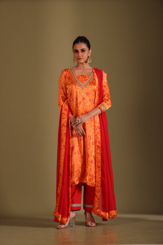 Gulzar Orange printed Kurta with Pant and dupatta- set of 3