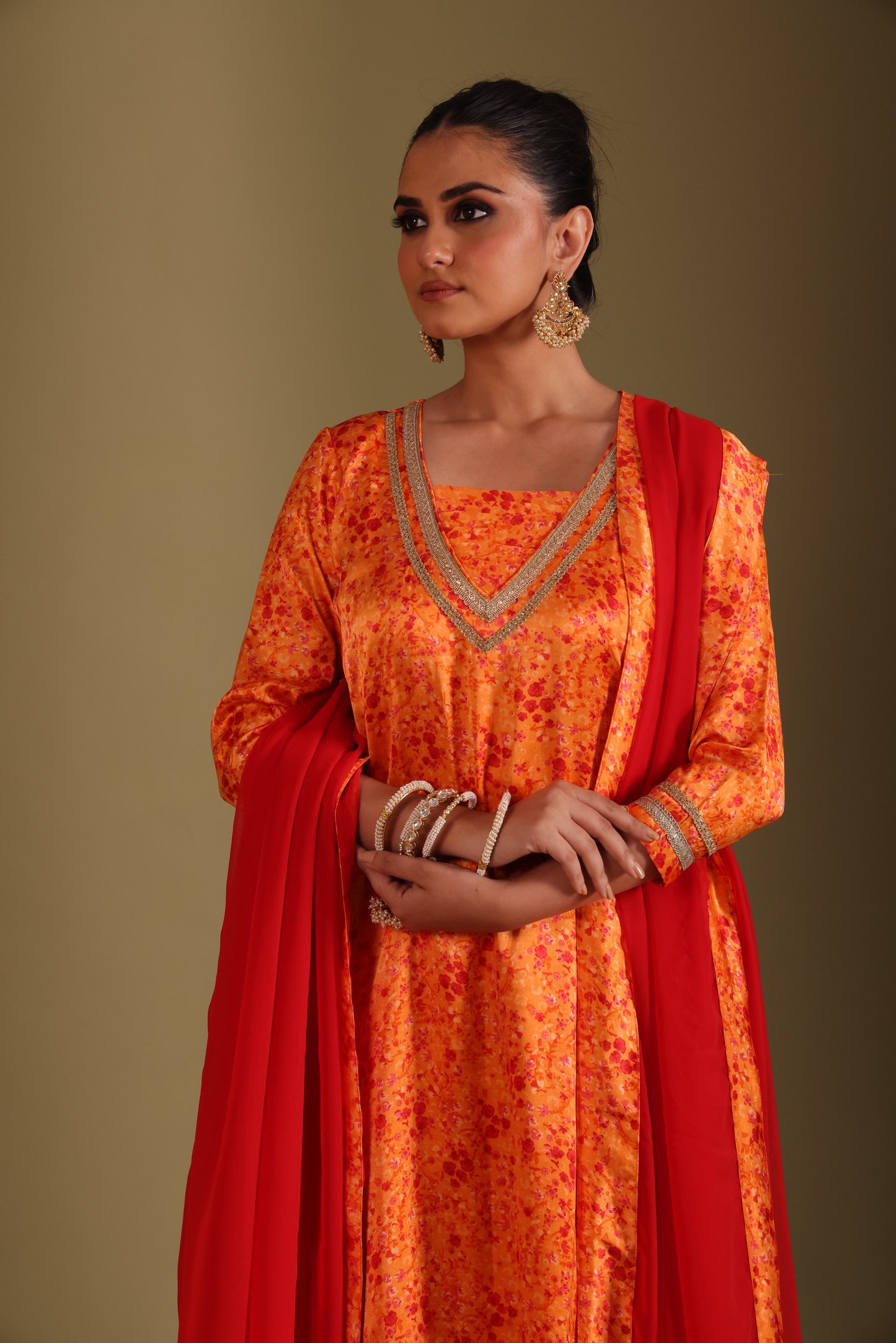 Gulzar Orange printed Kurta with Pant and dupatta- set of 3