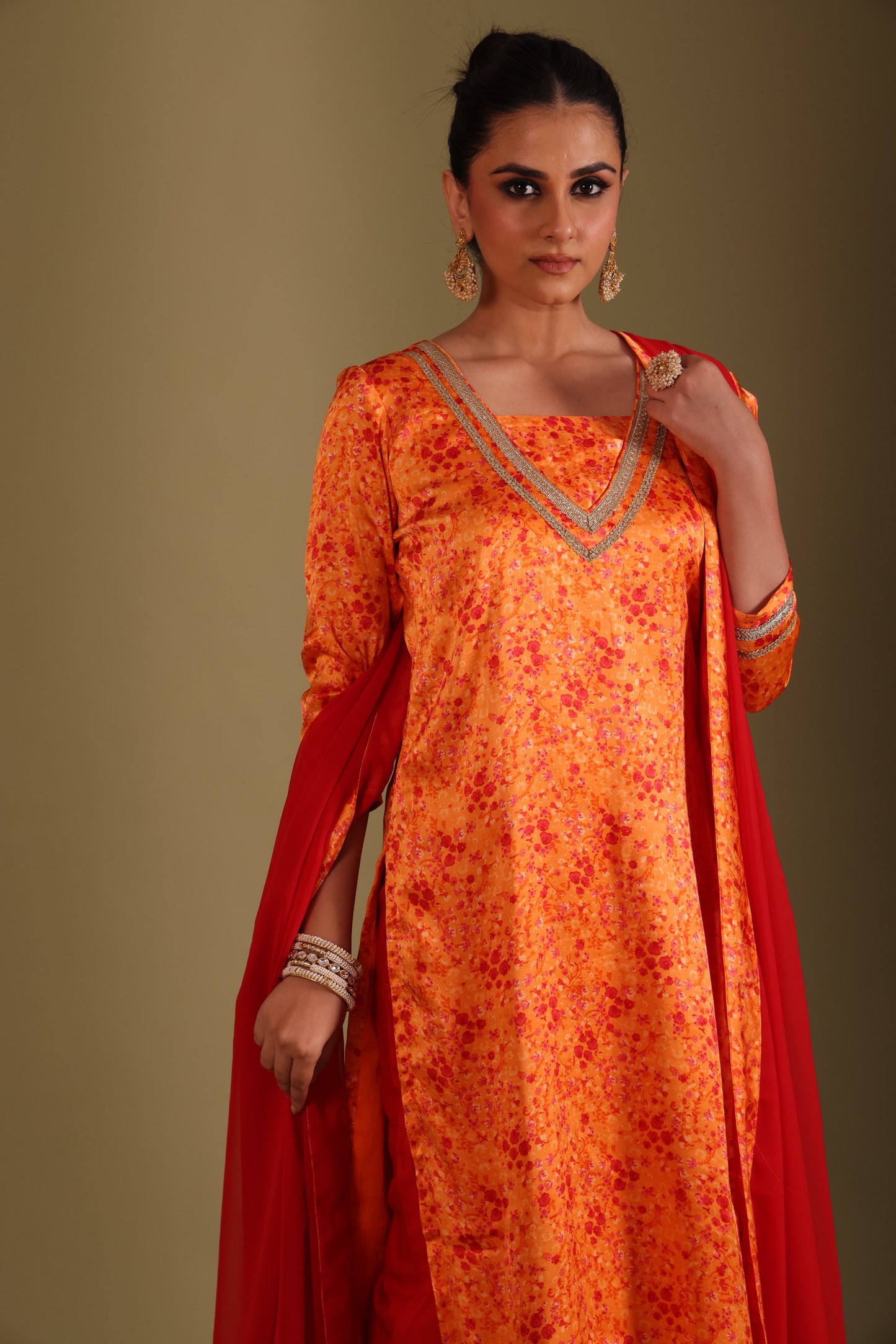 Gulzar Orange printed Kurta with Pant and dupatta- set of 3