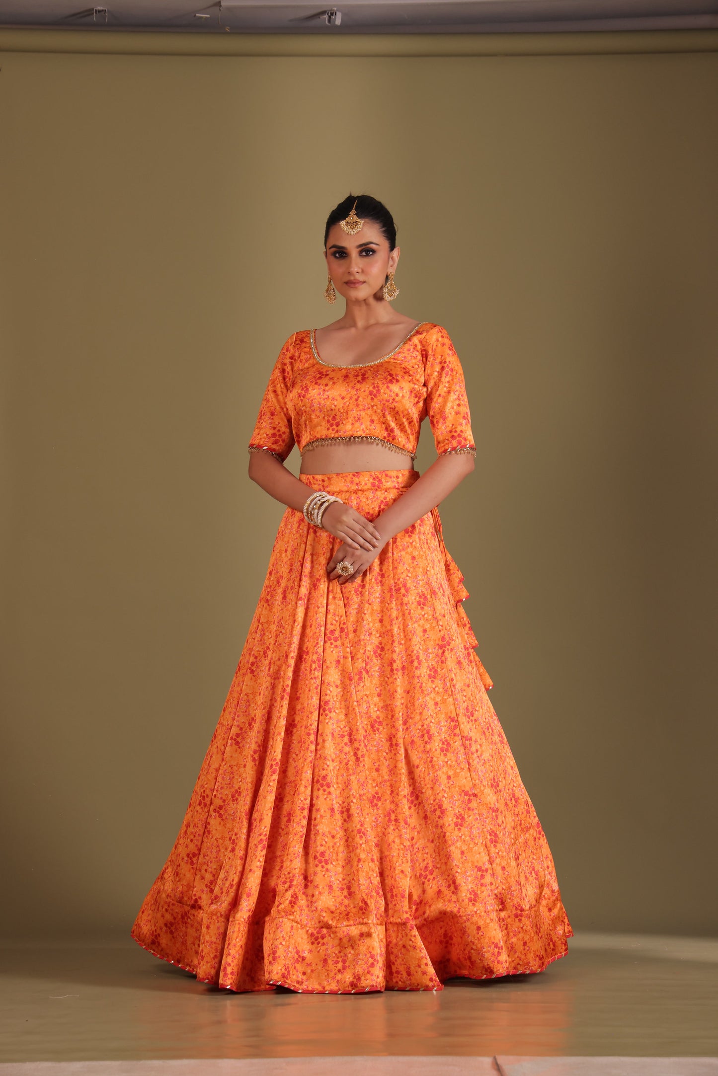 Gulzar Orange Printed Blouse with Lehenga and dupatta- set of 3