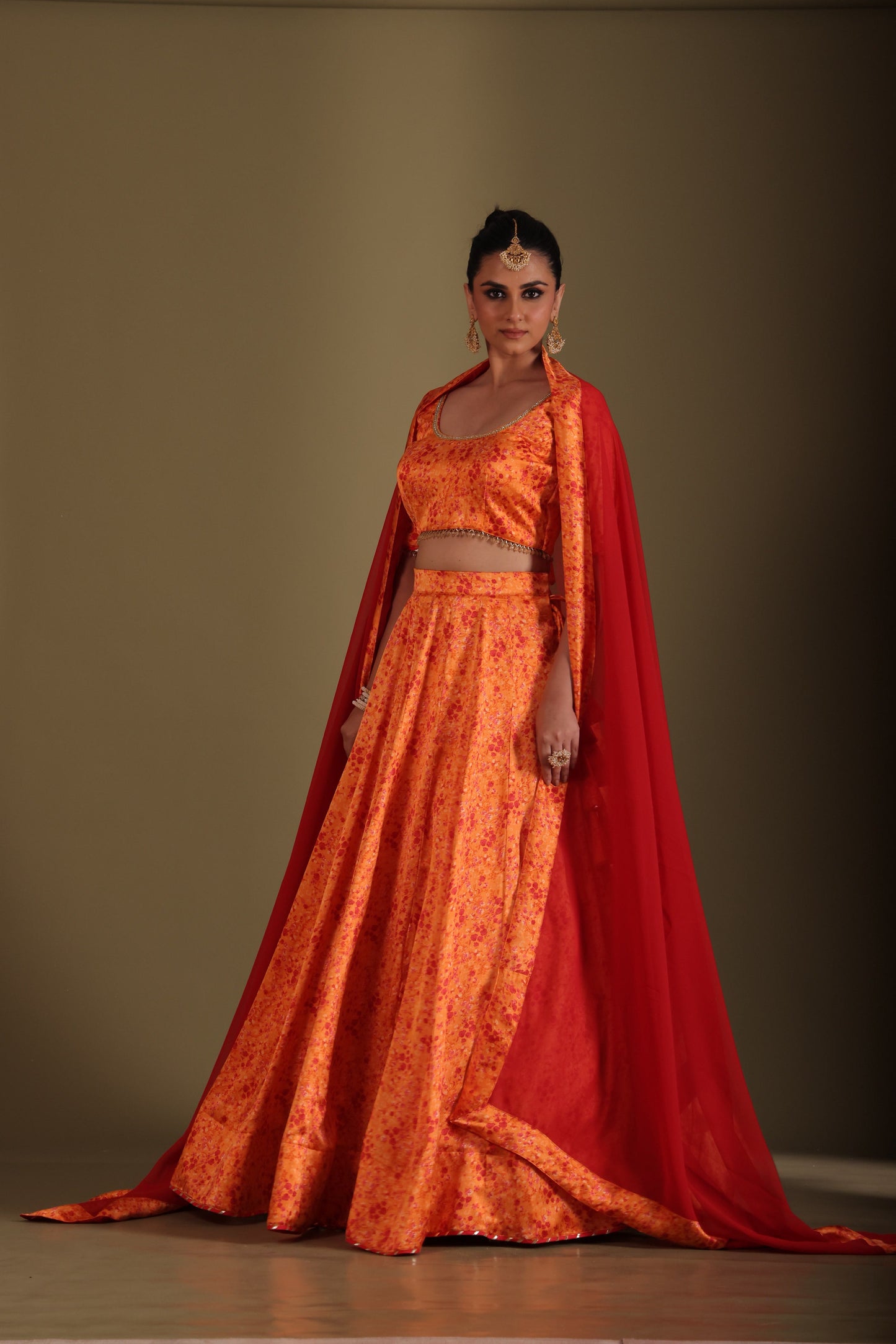 Gulzar Orange Printed Blouse with Lehenga and dupatta- set of 3