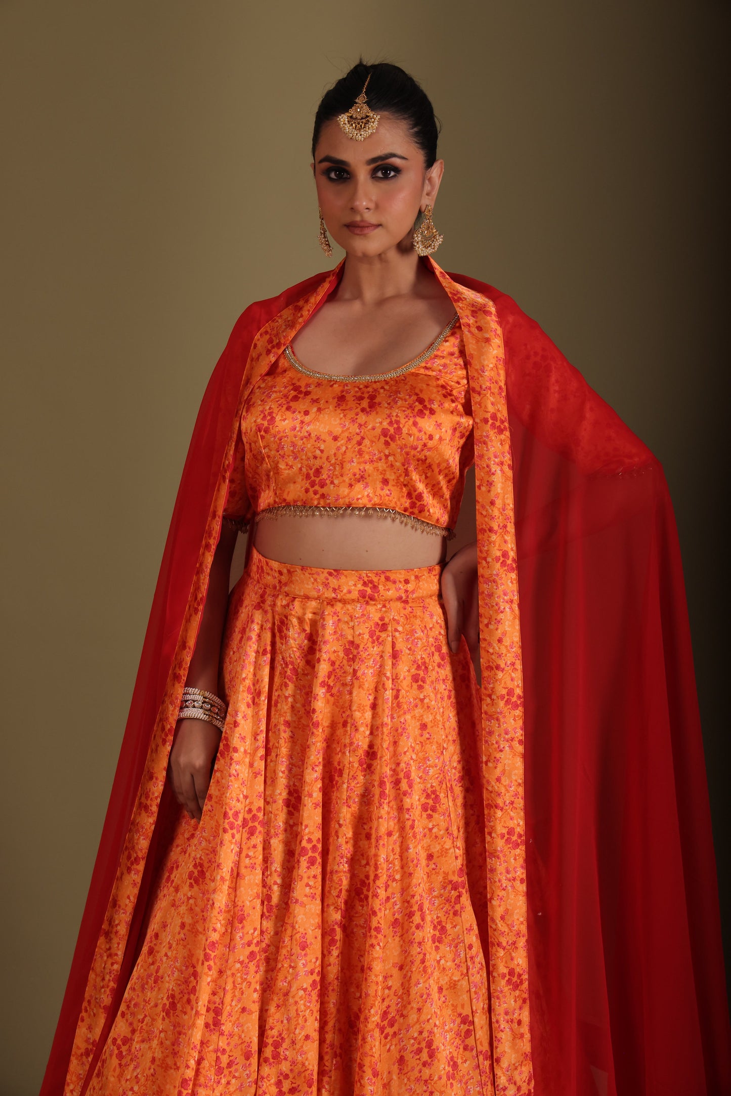 Gulzar Orange Printed Blouse with Lehenga and dupatta- set of 3