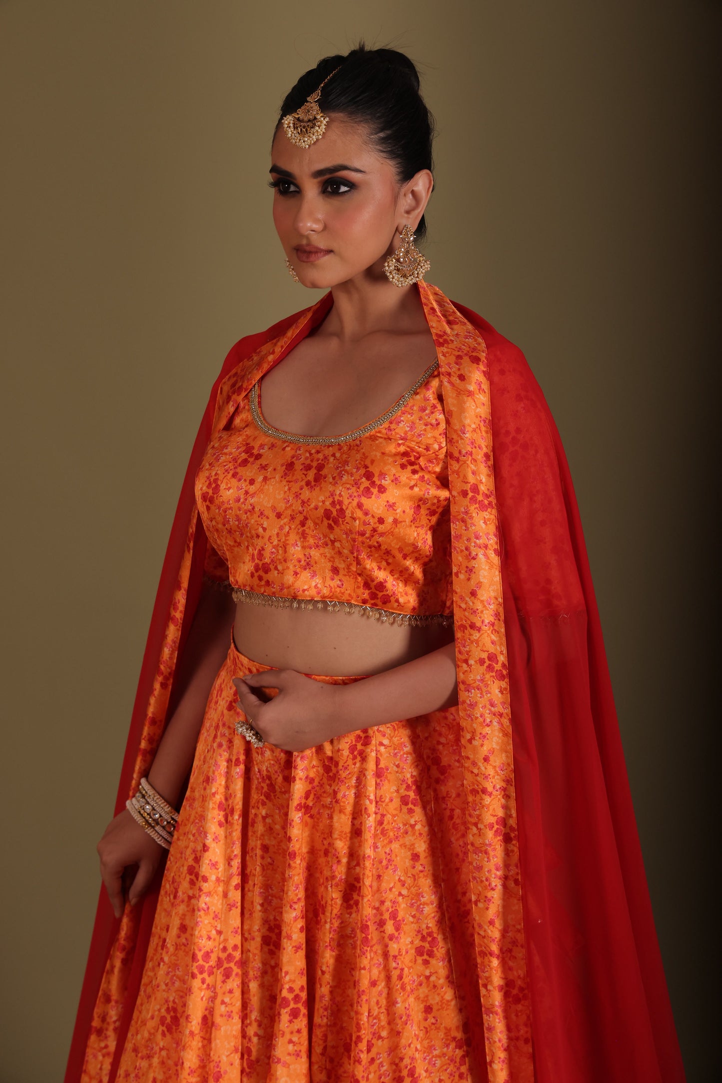 Gulzar Orange Printed Blouse with Lehenga and dupatta- set of 3