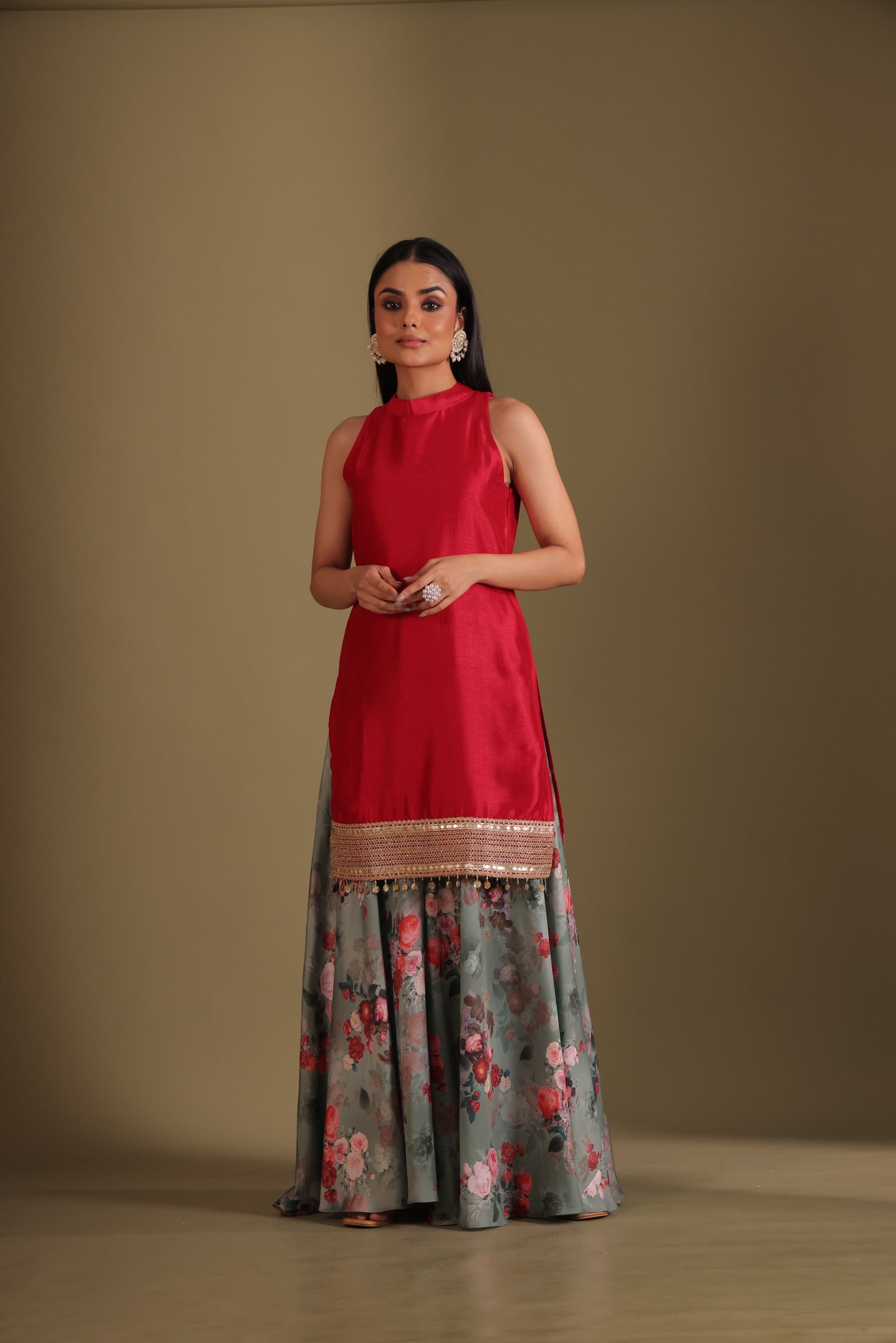 Gulzar Red-Green printed Kurta with Sharara and dupatta- set of 3