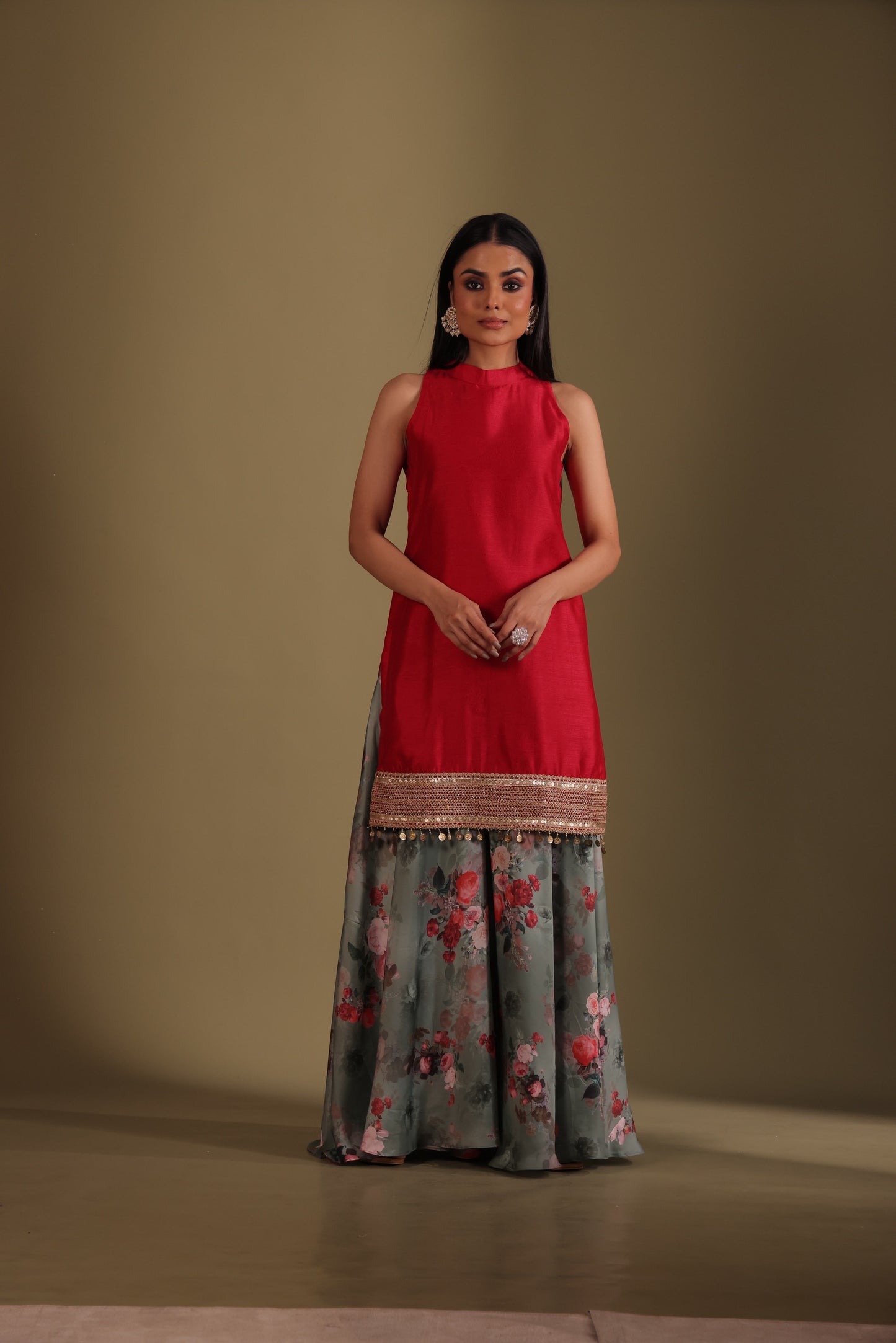 Gulzar Red-Green printed Kurta with Sharara and dupatta- set of 3