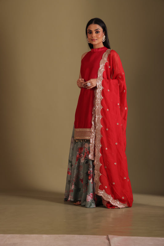 Gulzar Red-Green printed Kurta with Sharara and dupatta- set of 3