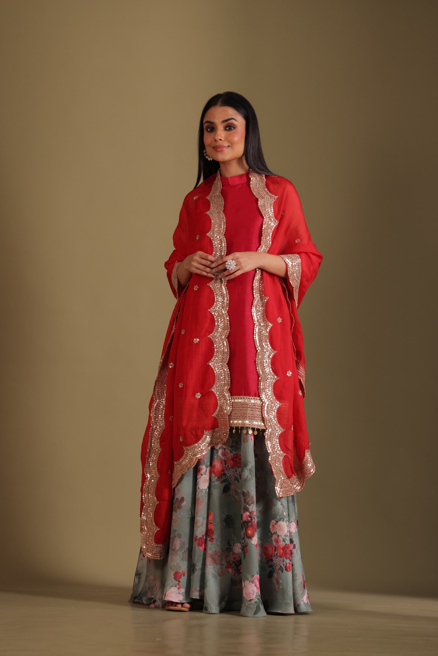 Gulzar Red-Green printed Kurta with Sharara and dupatta- set of 3