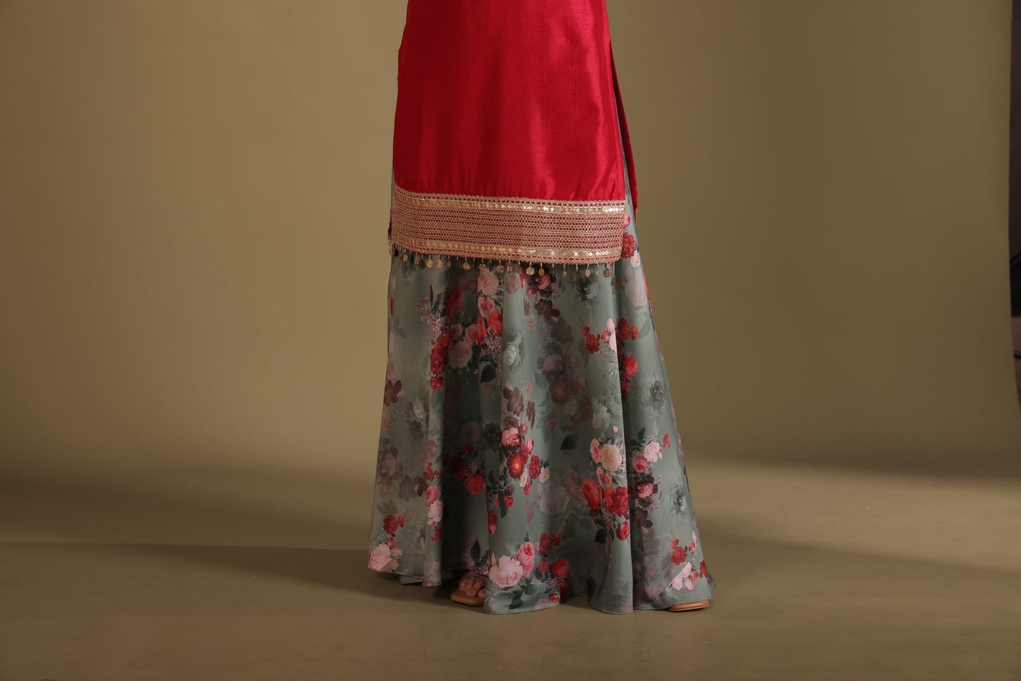 Gulzar Red-Green printed Kurta with Sharara and dupatta- set of 3