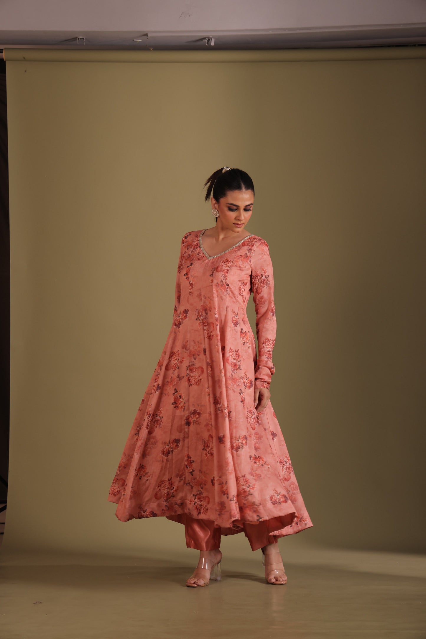 Gulzar Peach printed Anarkali with Pant and dupatta- set of 3