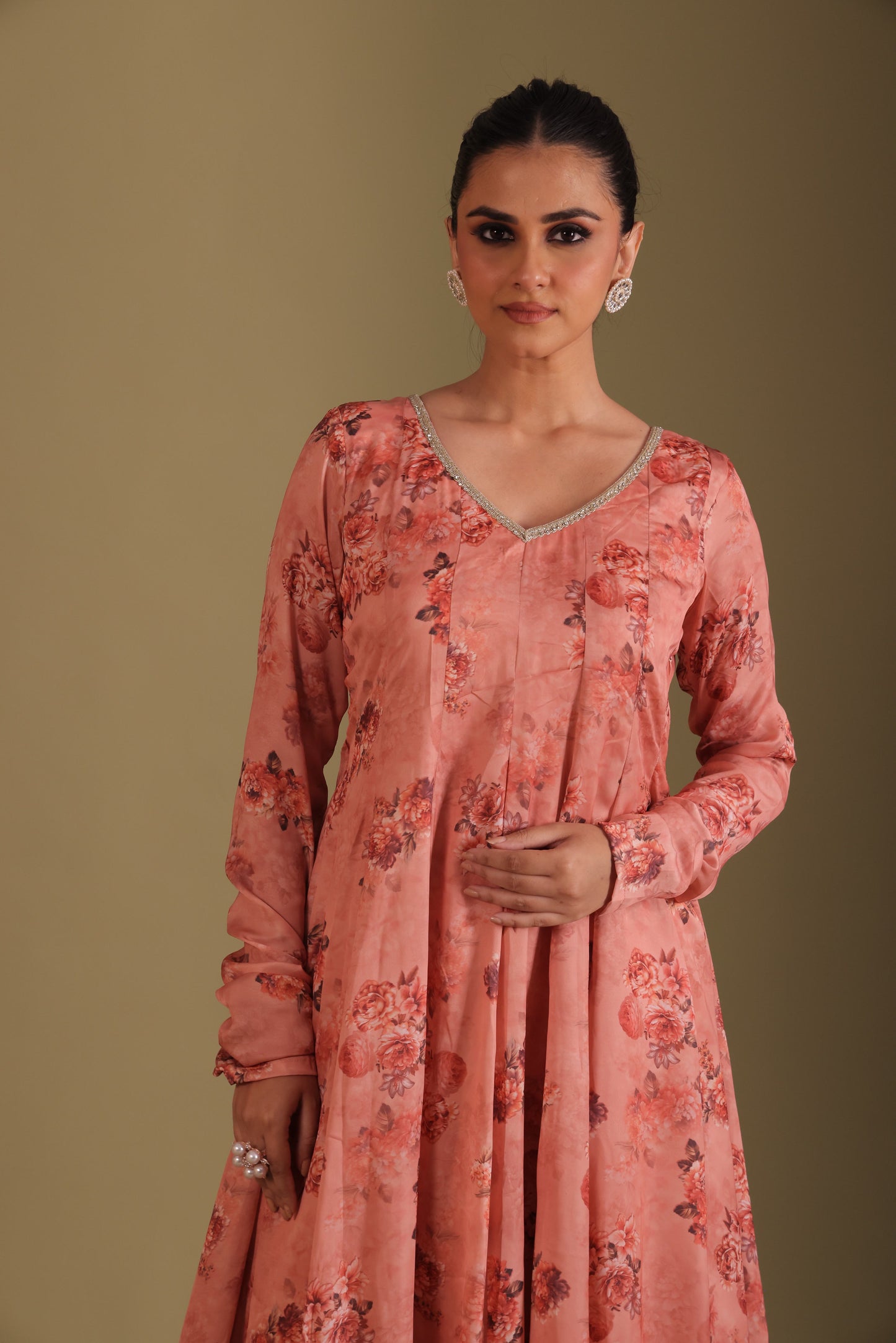 Gulzar Peach printed Anarkali with Pant and dupatta- set of 3