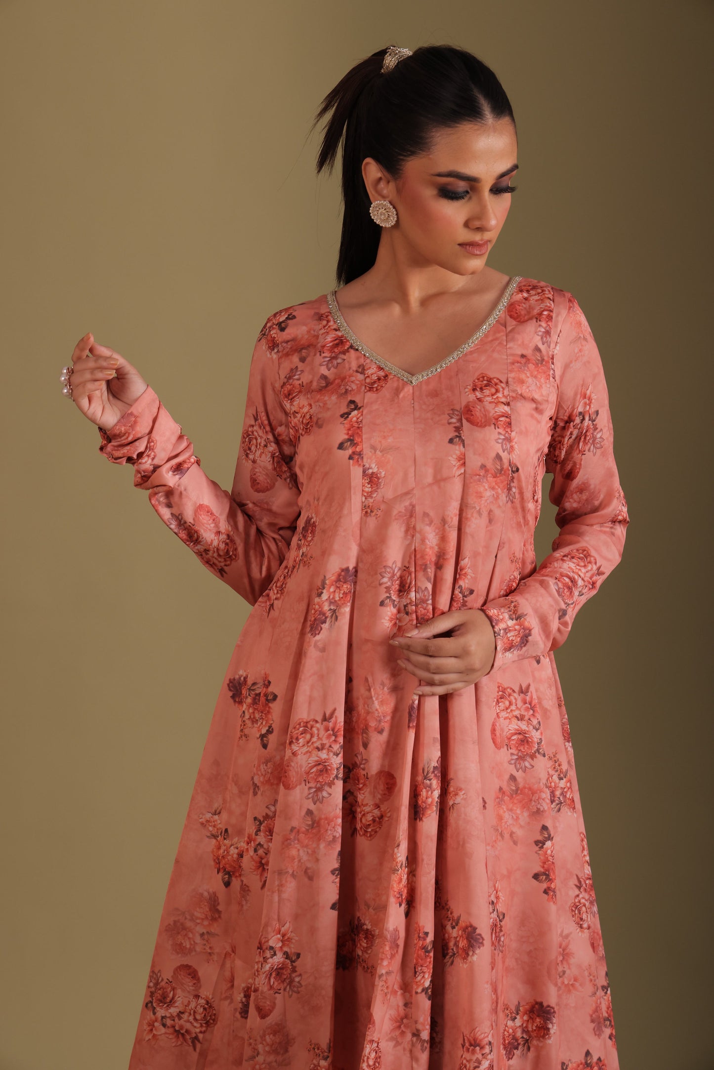 Gulzar Peach printed Anarkali with Pant and dupatta- set of 3