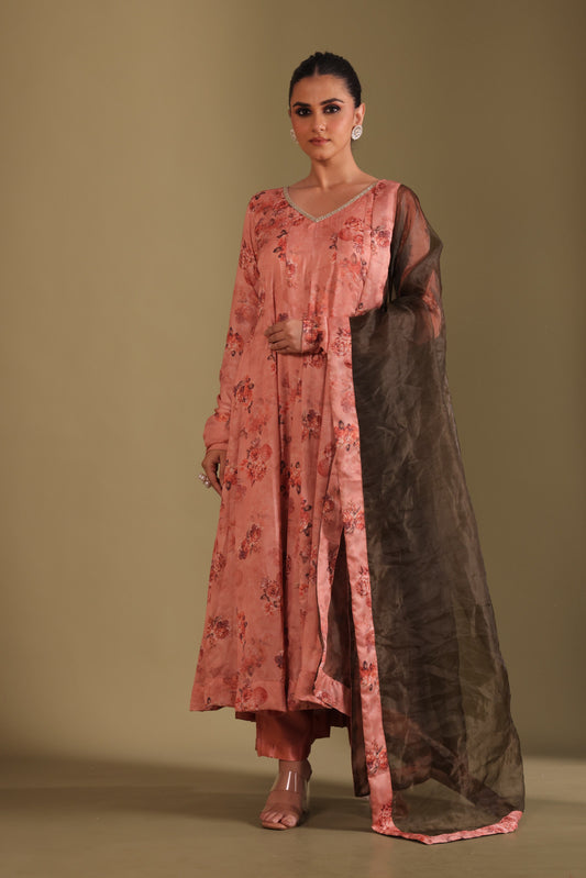 Gulzar Peach printed Anarkali with Pant and dupatta- set of 3