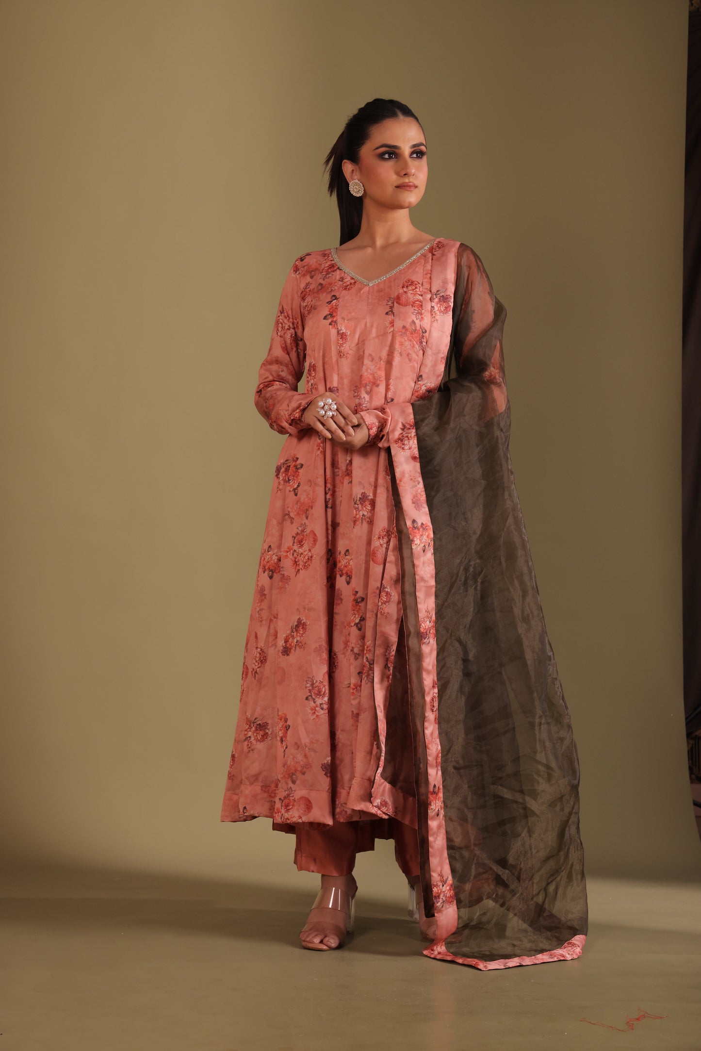Gulzar Peach printed Anarkali with Pant and dupatta- set of 3