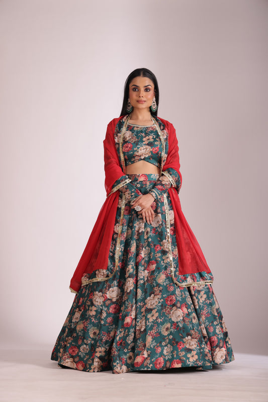 Gulzar Green printed Blouse with Lehenga and dupatta- set of 3