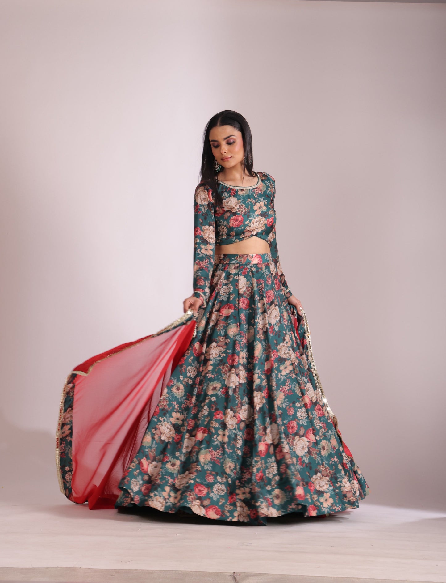 Gulzar Green printed Blouse with Lehenga and dupatta- set of 3