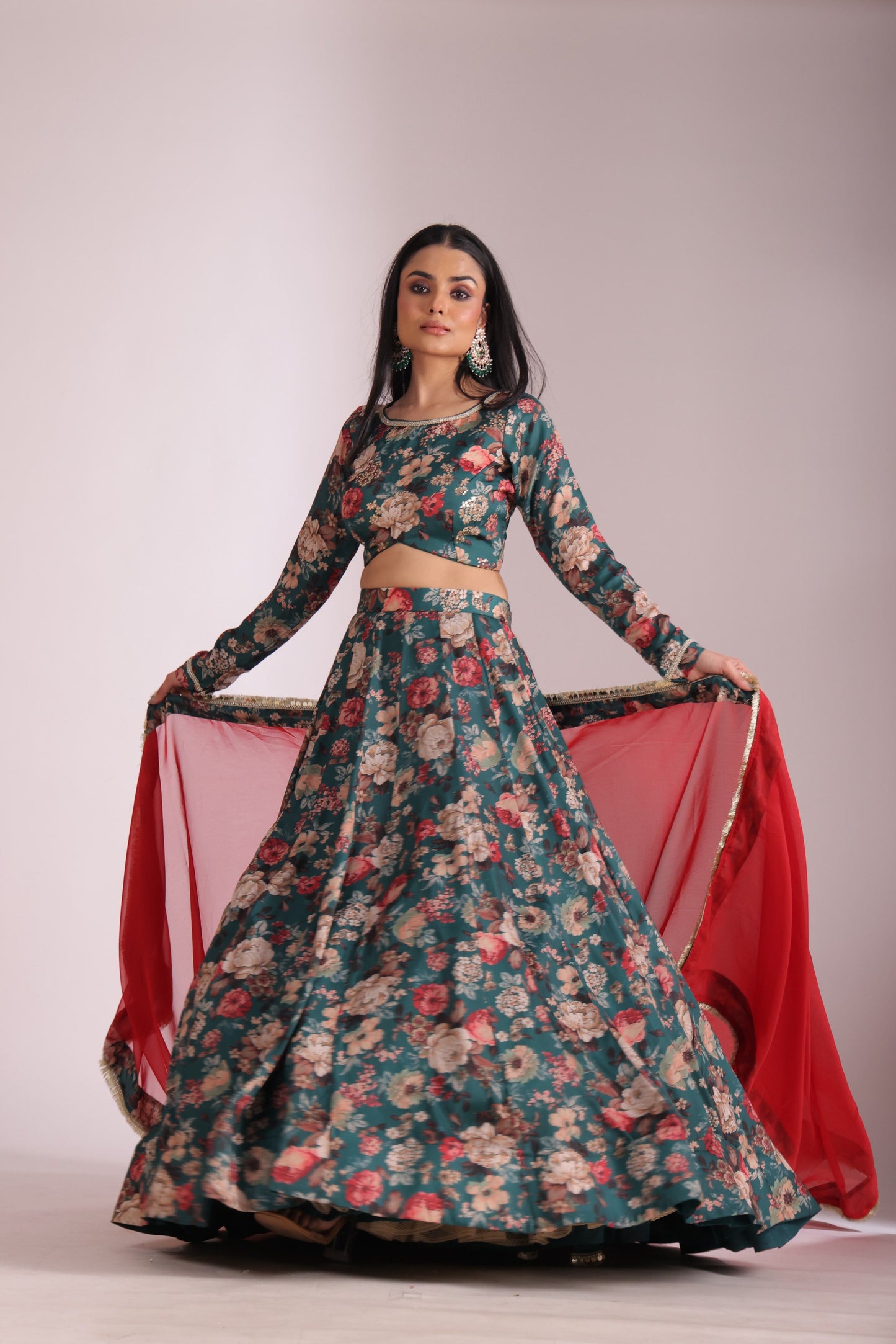 Gulzar Green printed Blouse with Lehenga and dupatta- set of 3