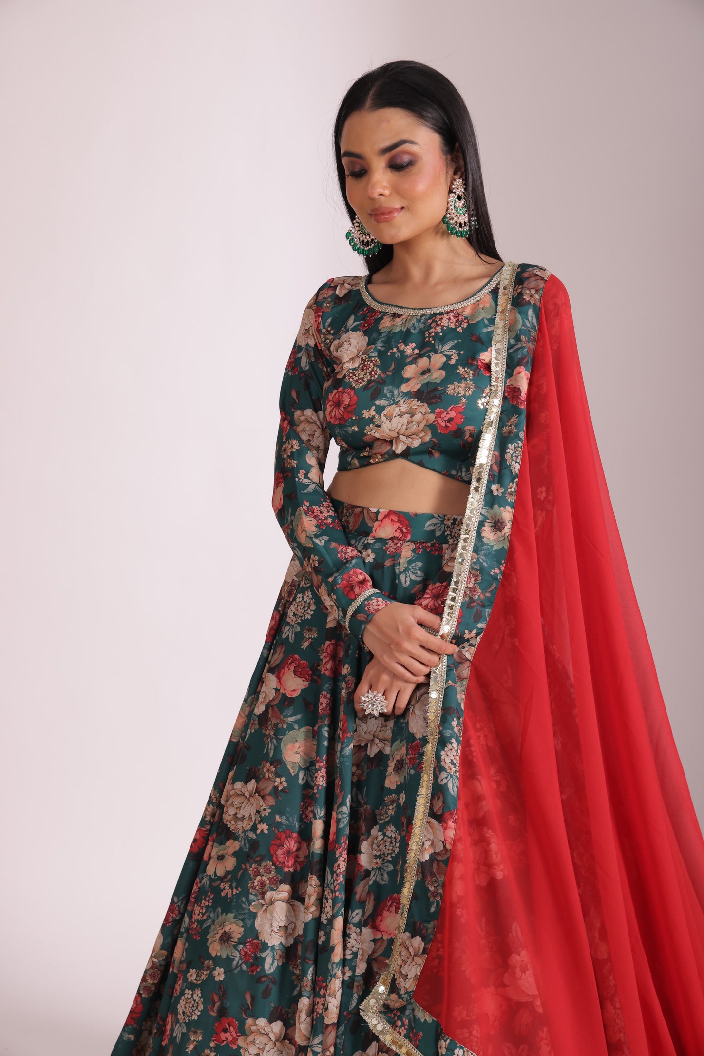 Gulzar Green printed Blouse with Lehenga and dupatta- set of 3