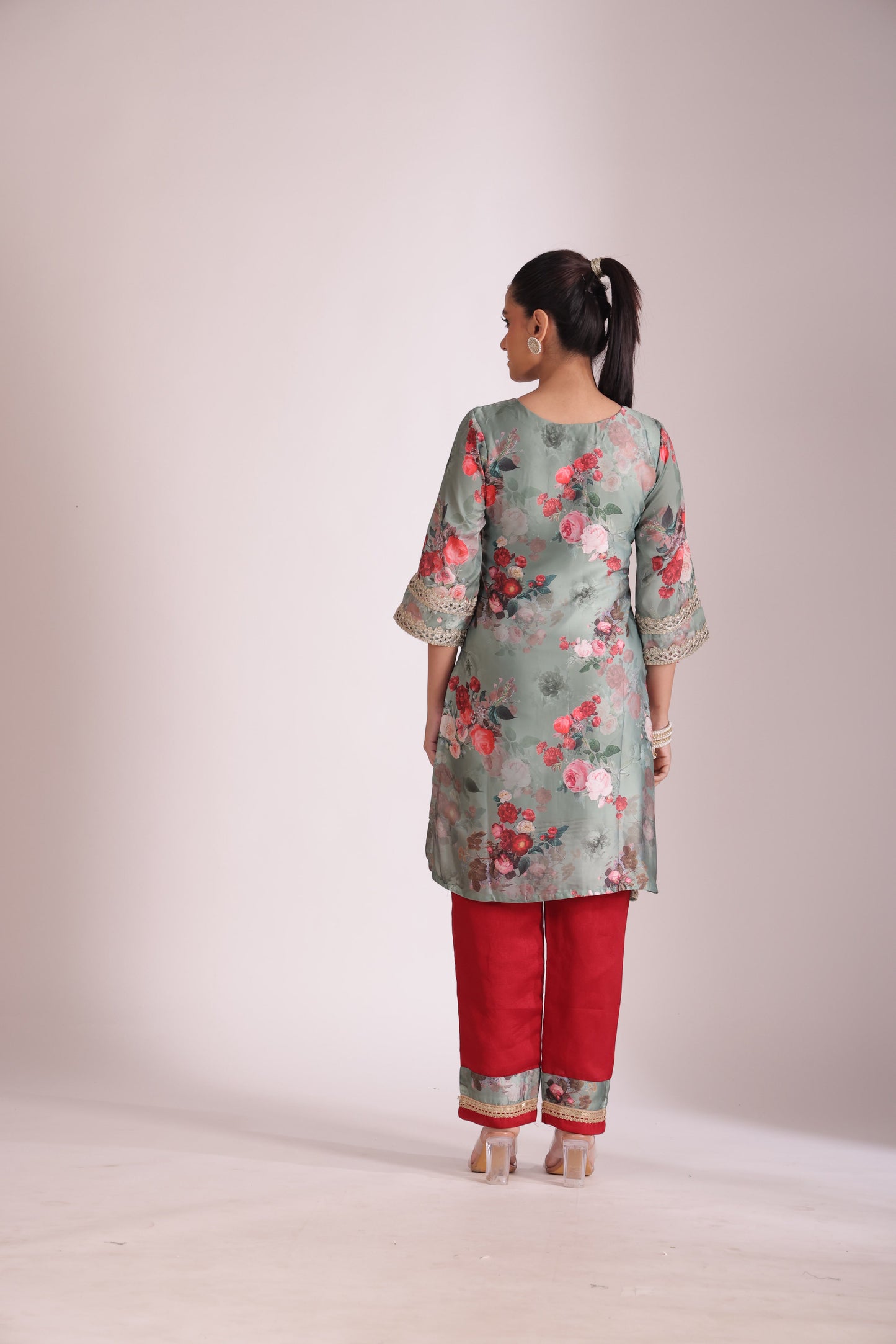 Gulzar Red-Sage printed Kurta with Sharara and dupatta- set of 3