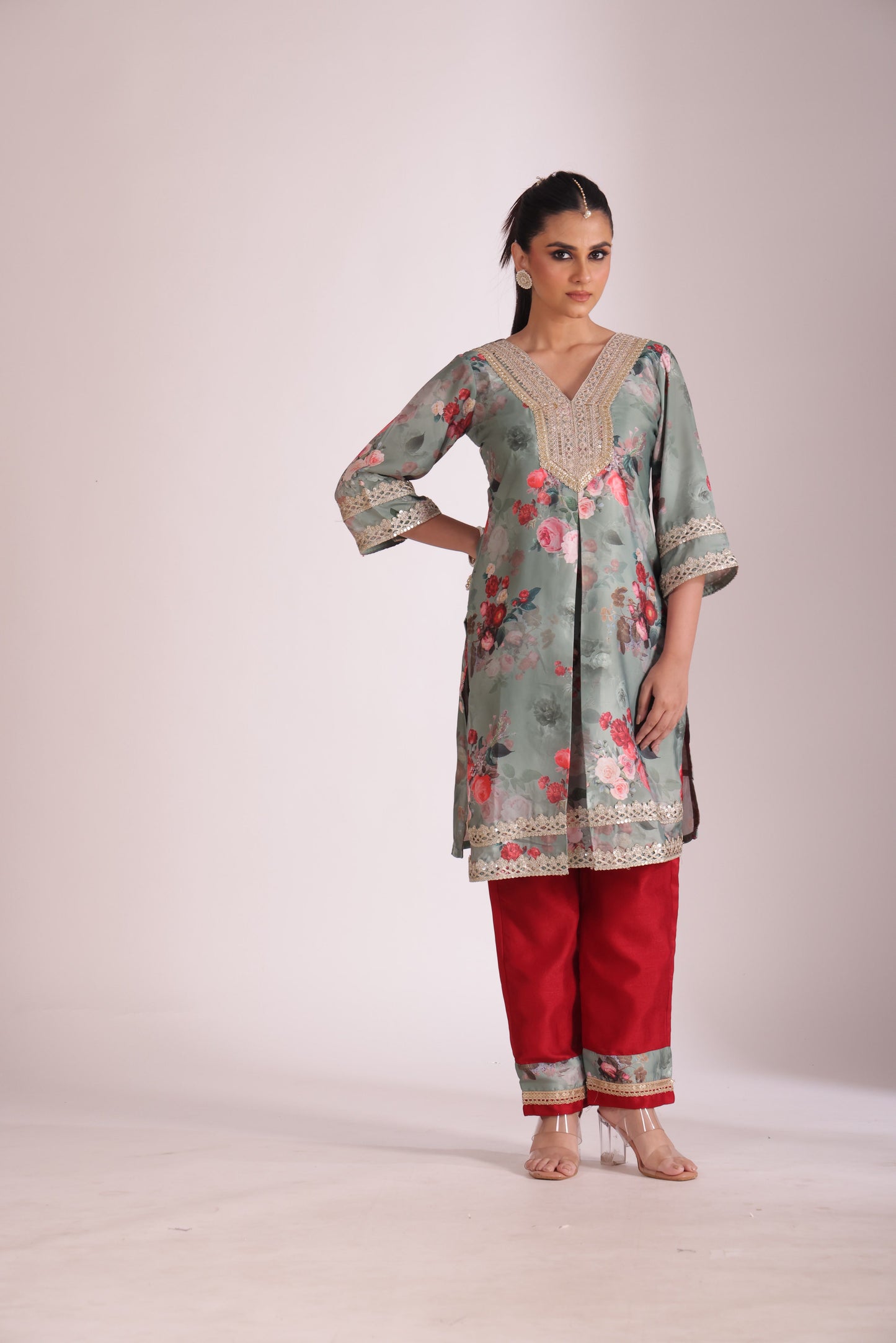 Gulzar Red-Sage printed Kurta with Sharara and dupatta- set of 3
