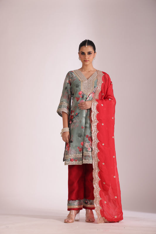 Gulzar Red-Sage printed Kurta with Sharara and dupatta- set of 3