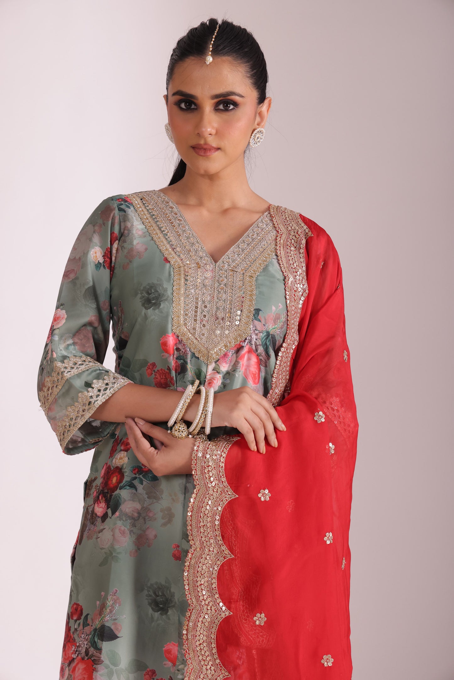Gulzar Red-Sage printed Kurta with Sharara and dupatta- set of 3