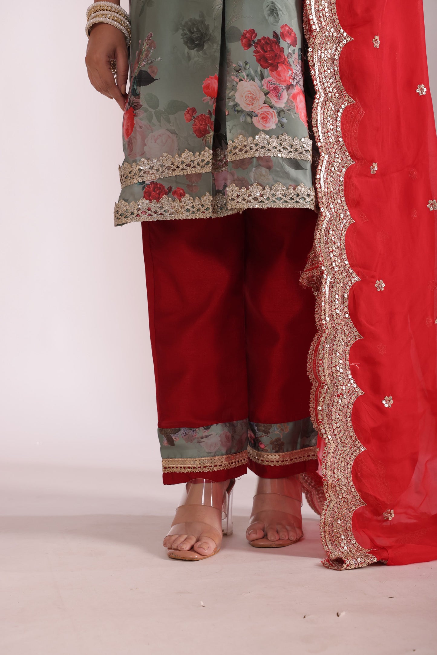 Gulzar Red-Sage printed Kurta with Sharara and dupatta- set of 3