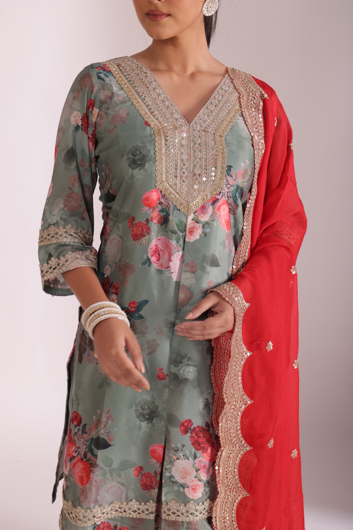 Gulzar Red-Sage printed Kurta with Sharara and dupatta- set of 3