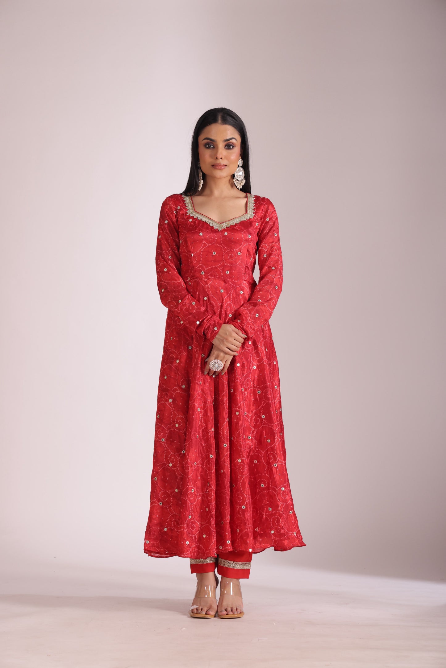 Gulzar Red printed Anarkali with Pant and dupatta- set of 3