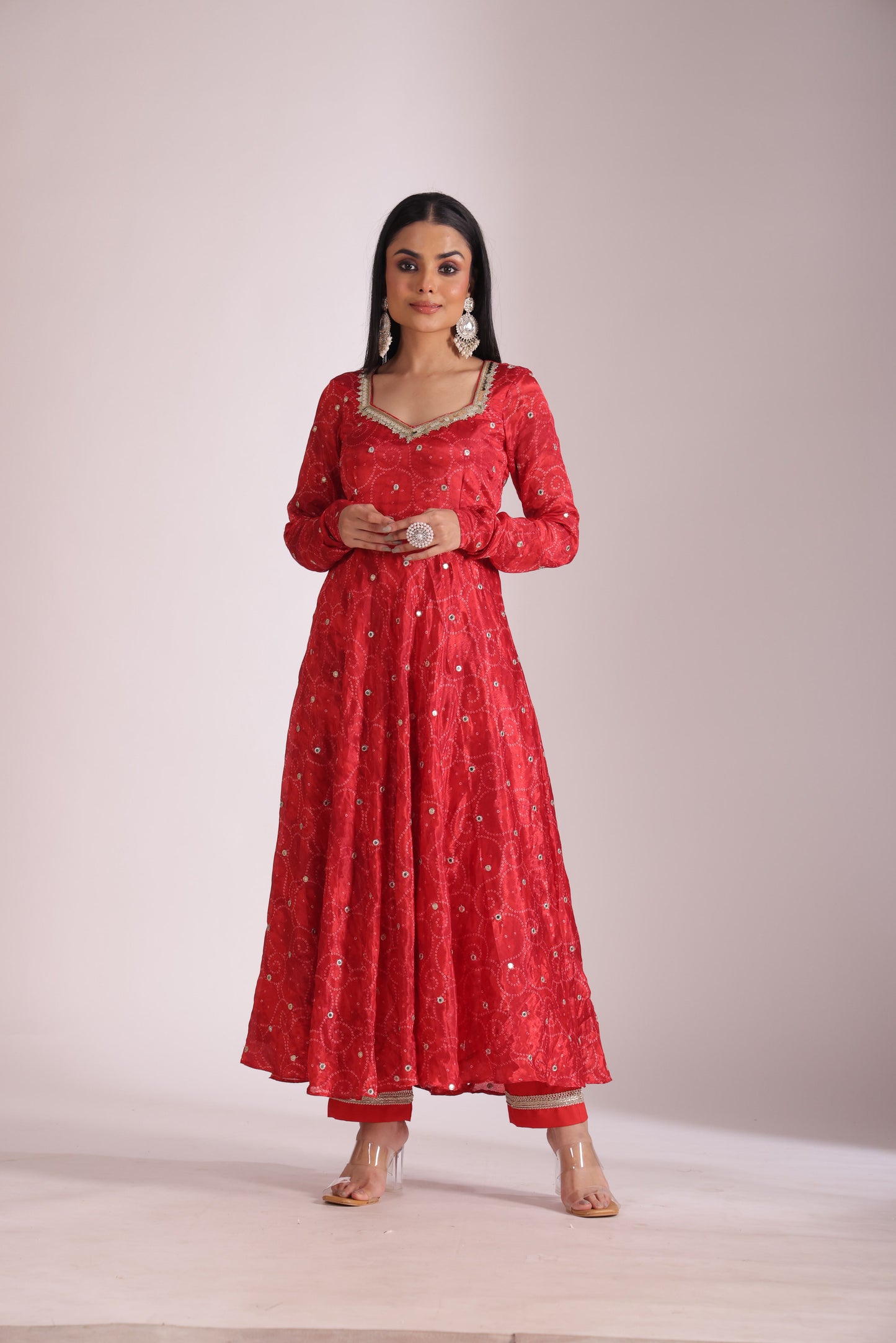 Gulzar Red printed Anarkali with Pant and dupatta- set of 3