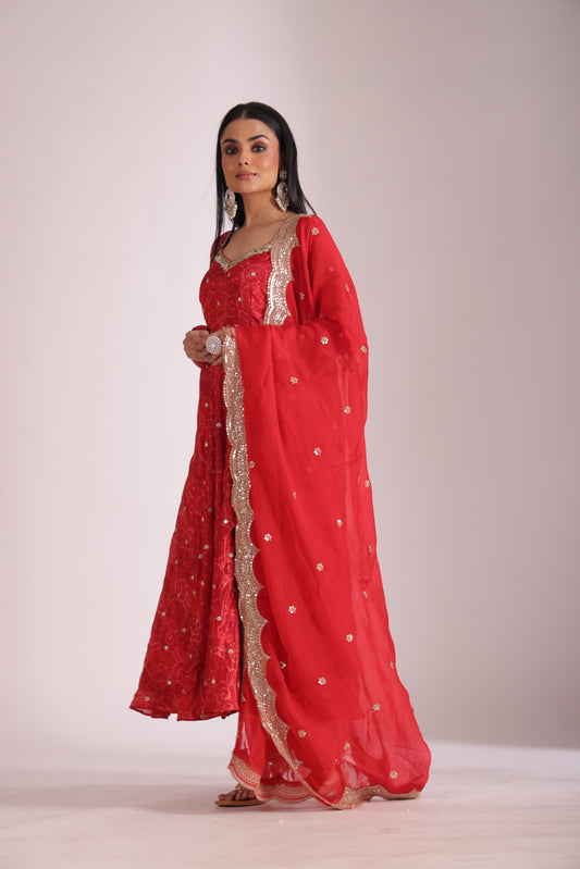 Gulzar Red printed Anarkali with Pant and dupatta- set of 3