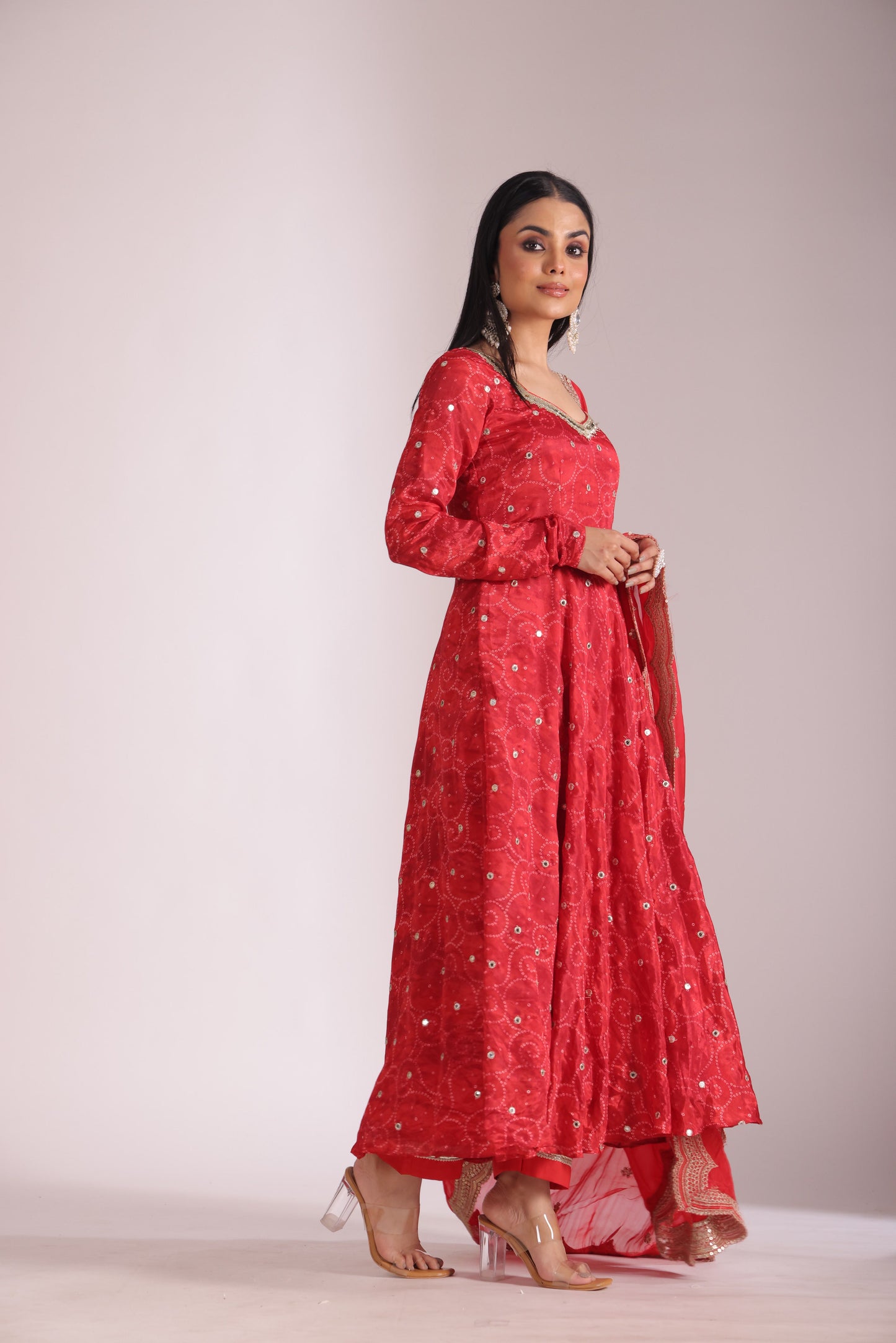 Gulzar Red printed Anarkali with Pant and dupatta- set of 3