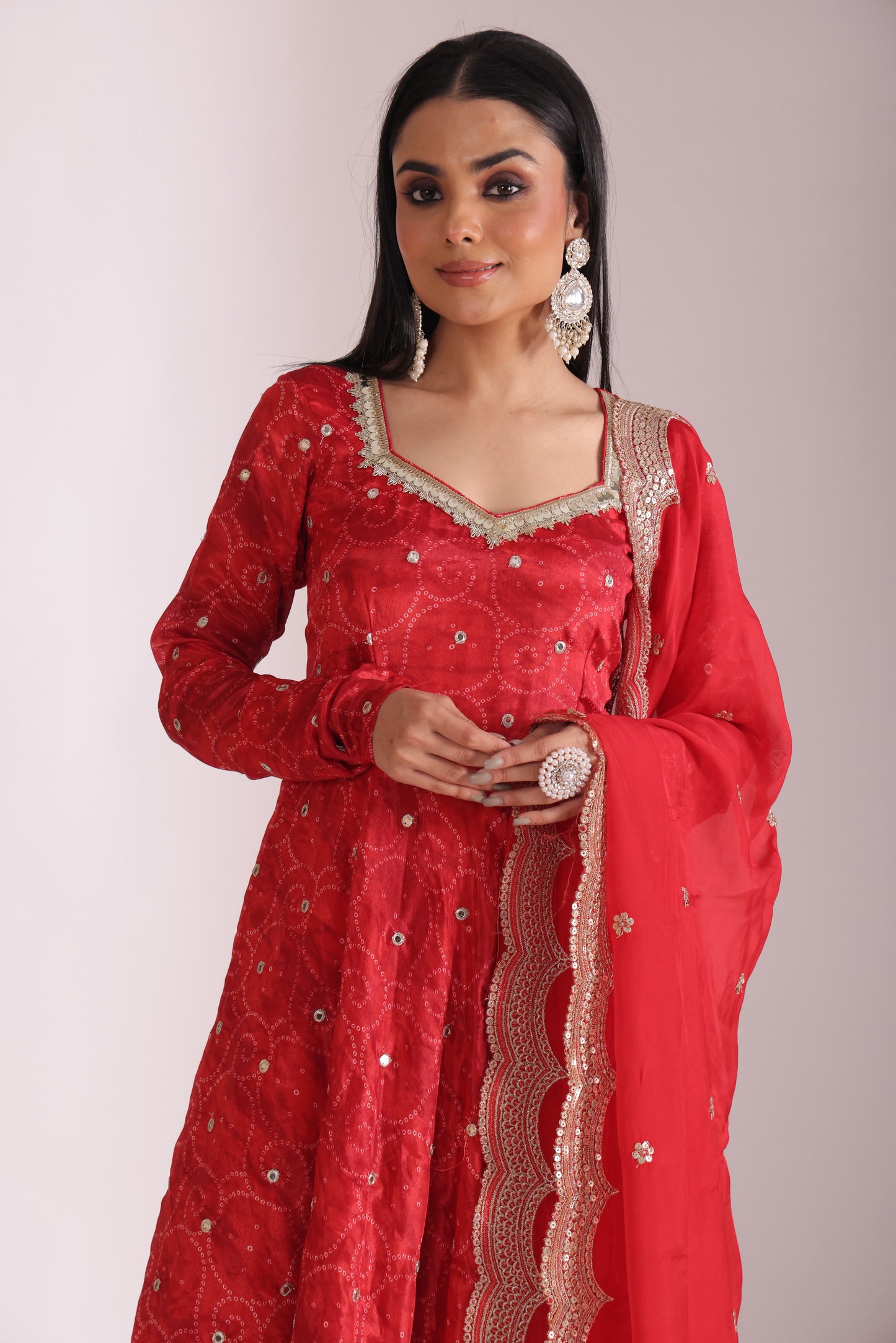Gulzar Red printed Anarkali with Pant and dupatta- set of 3