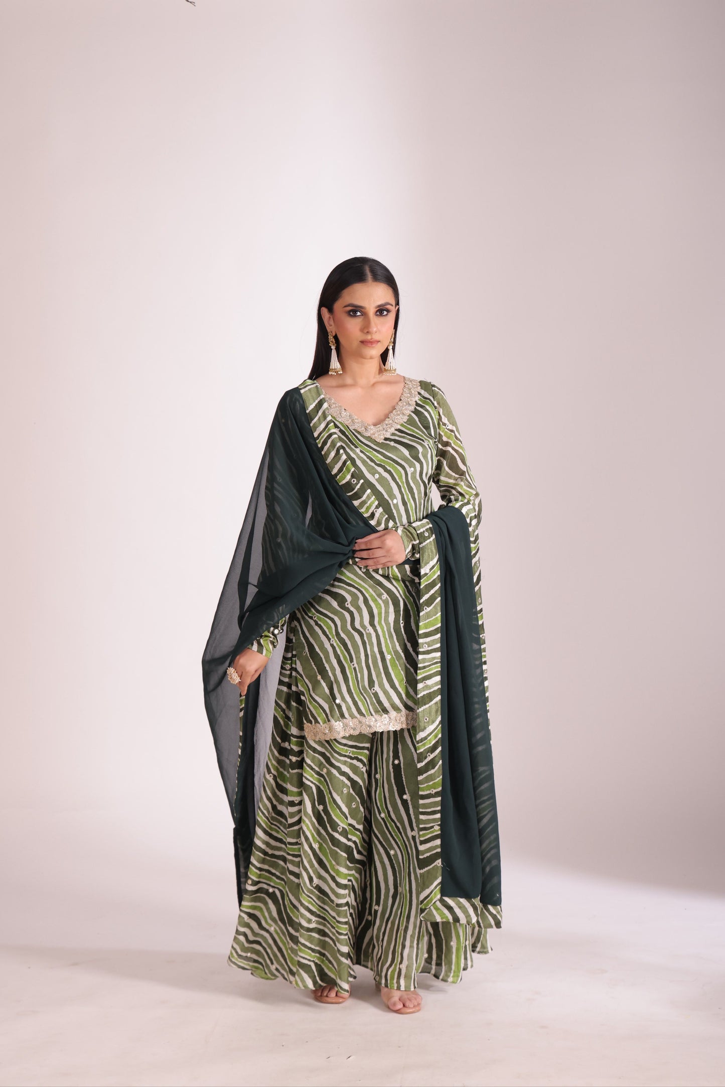 Gulzar Green printed Kurta with Sharara and dupatta- set of 3