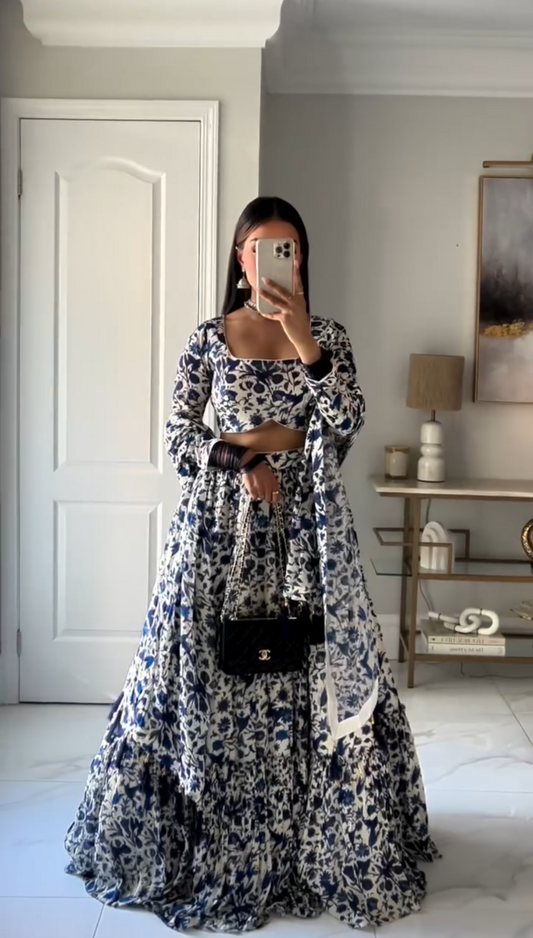 Gulzar Blue printed Blouse with Lehenga and dupatta- set of 3