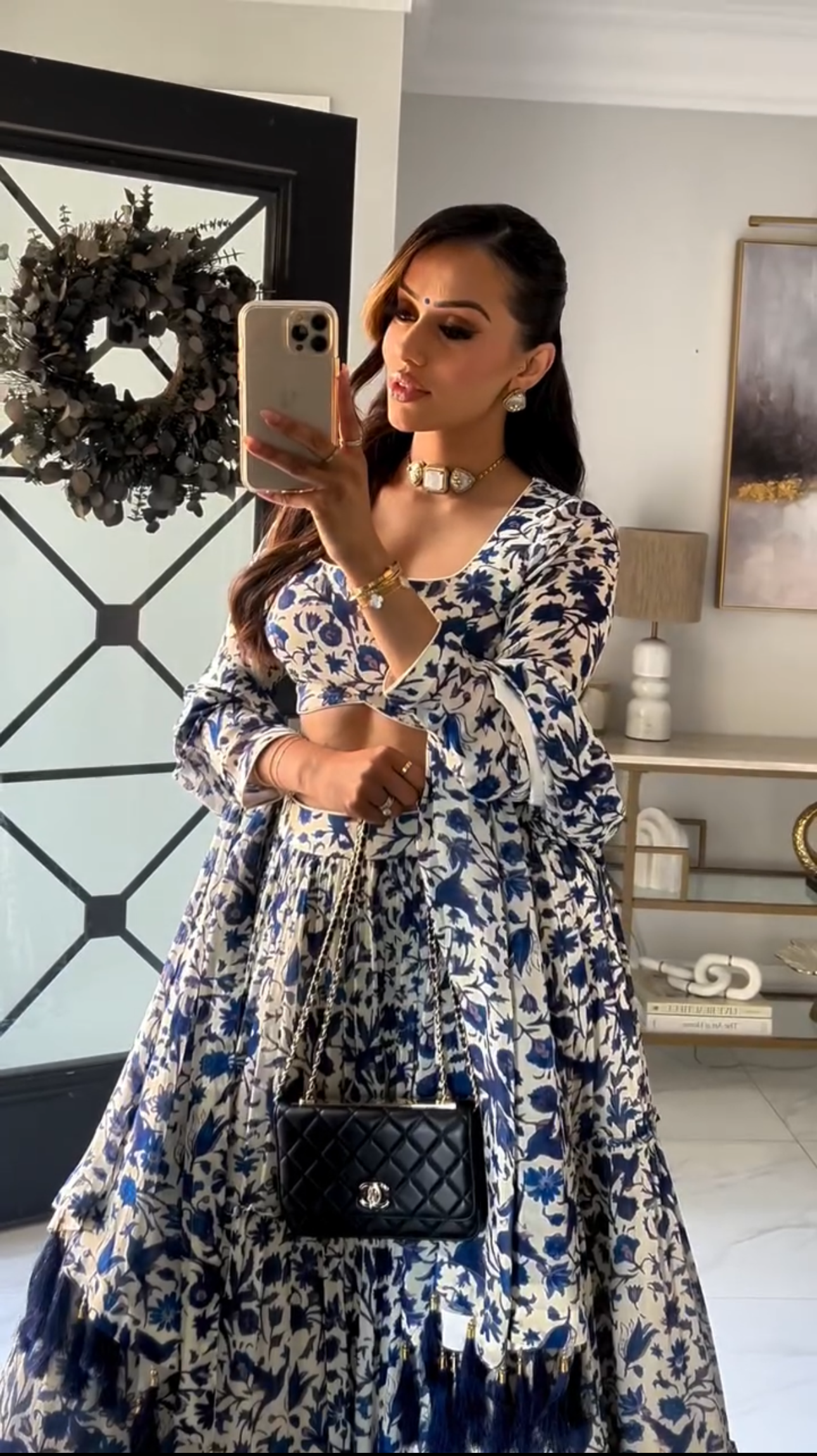 Gulzar Blue printed Blouse with Lehenga and dupatta- set of 3