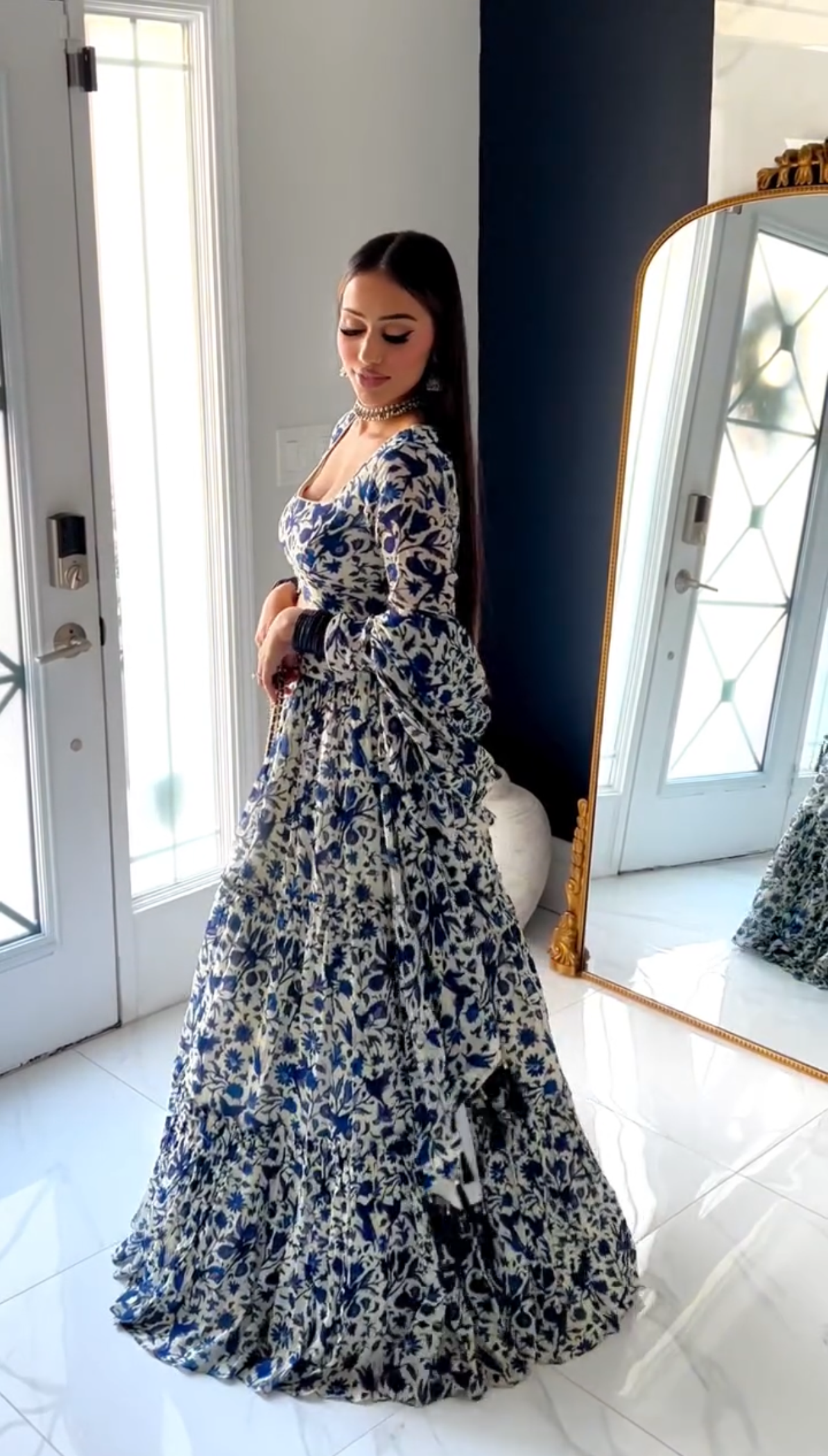 Gulzar Blue printed Blouse with Lehenga and dupatta- set of 3