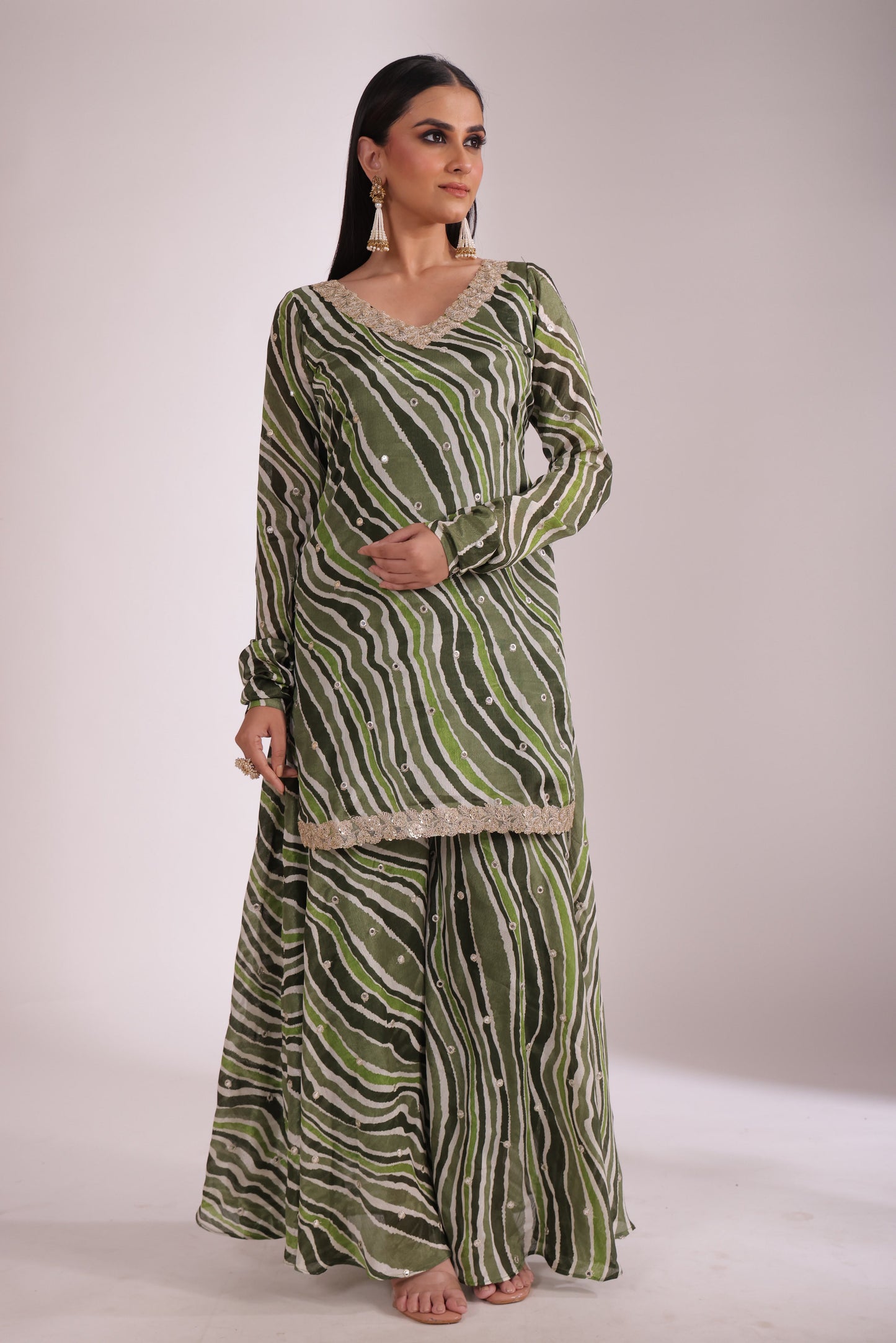 Gulzar Green printed Kurta with Sharara and dupatta- set of 3