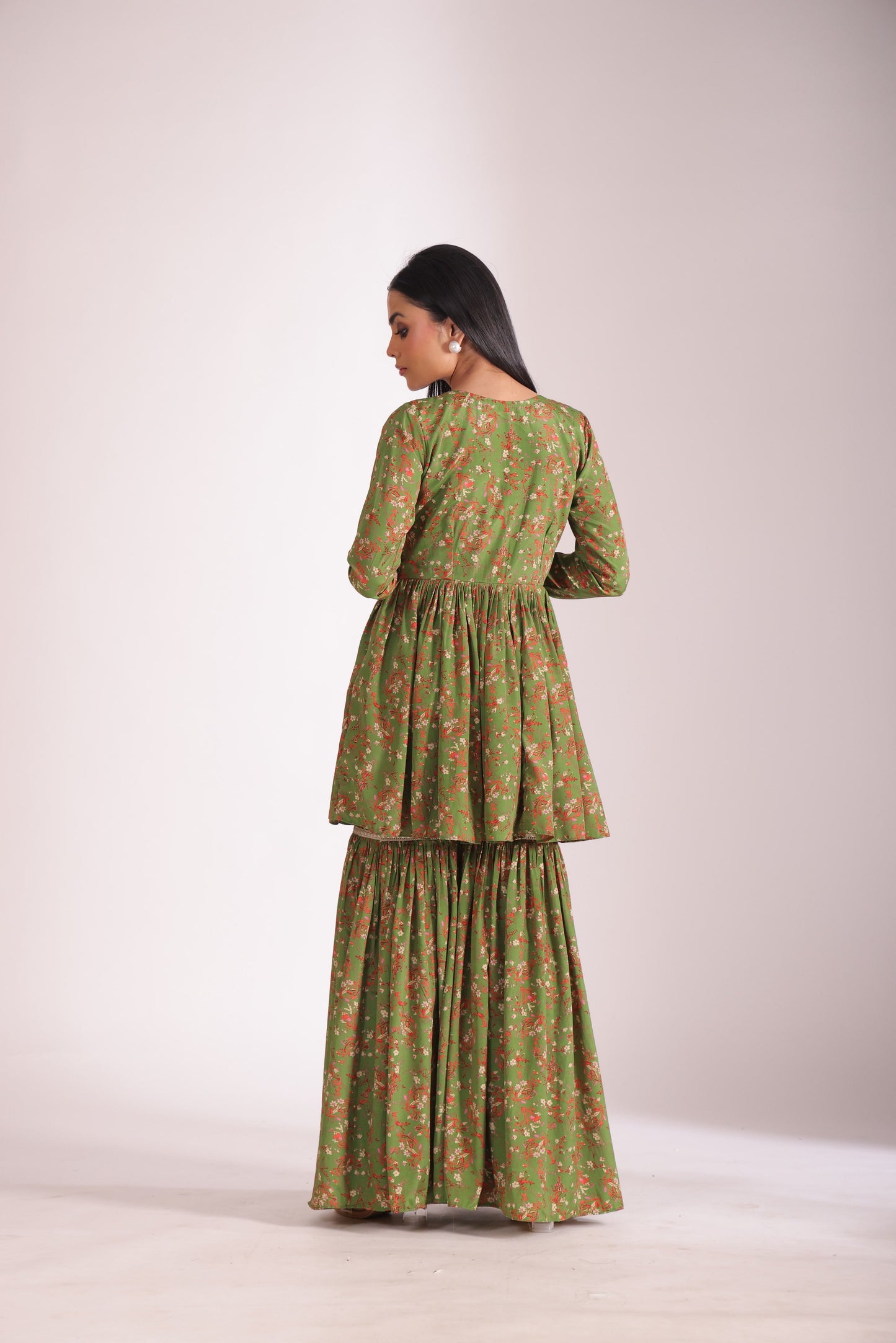 Gulzar Green printed Peplum with Gharara and dupatta- set of 3