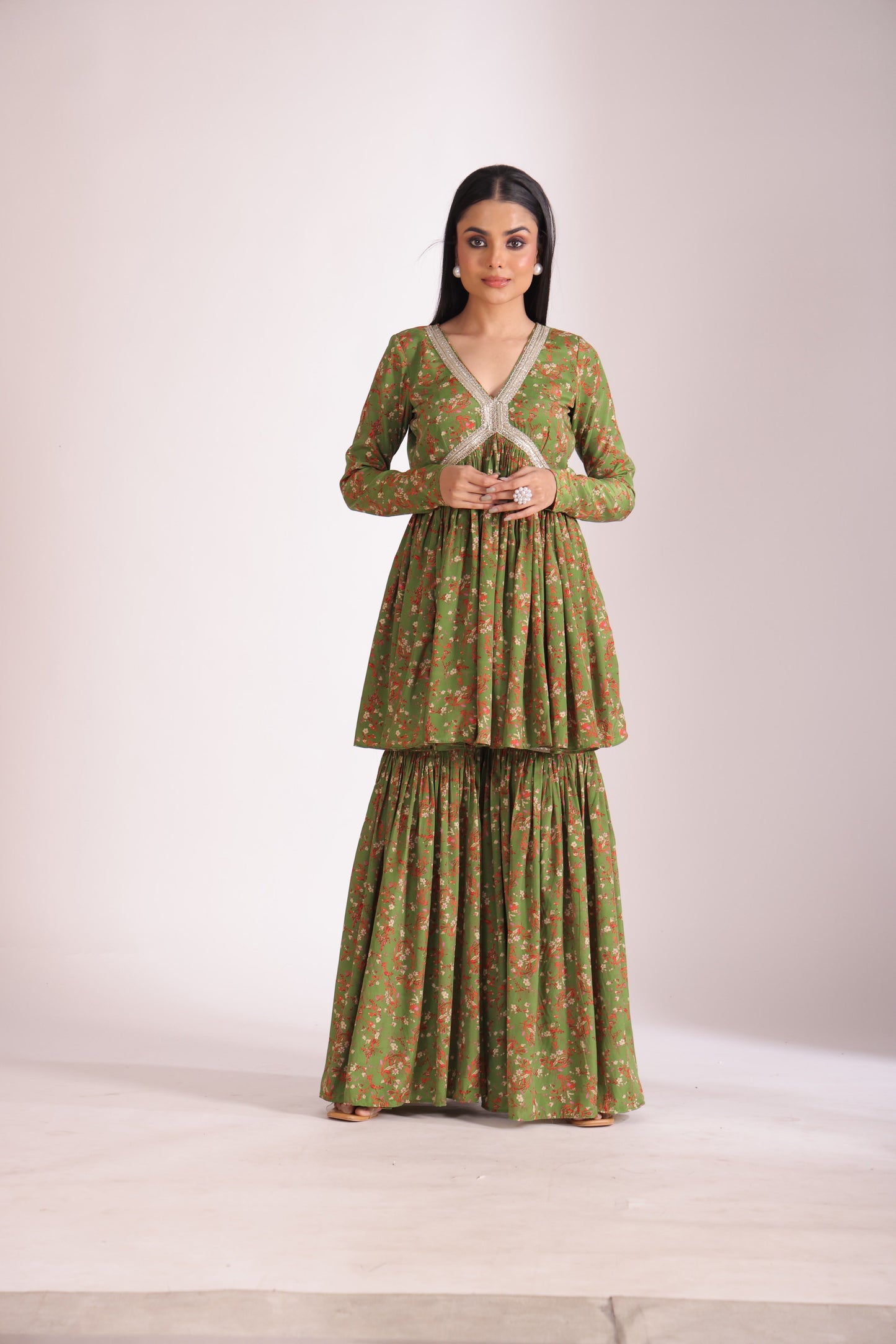 Gulzar Green printed Peplum with Gharara and dupatta- set of 3