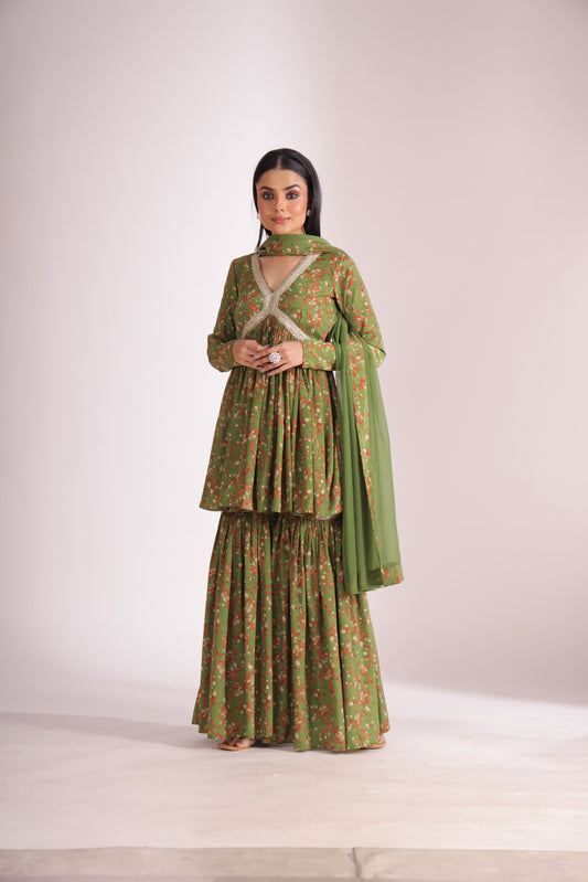 Gulzar Green printed Peplum with Gharara and dupatta- set of 3