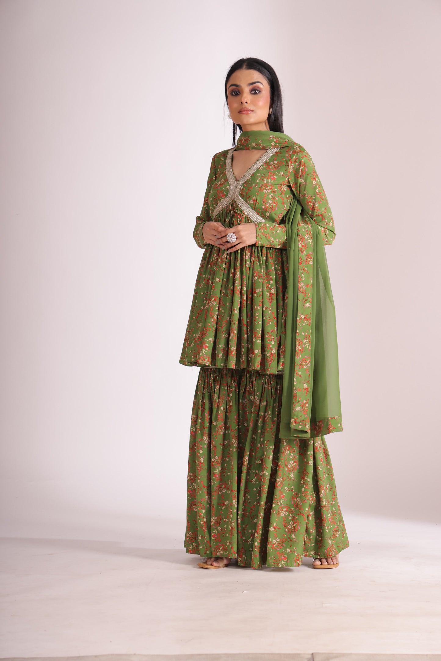 Gulzar Green printed Peplum with Gharara and dupatta- set of 3
