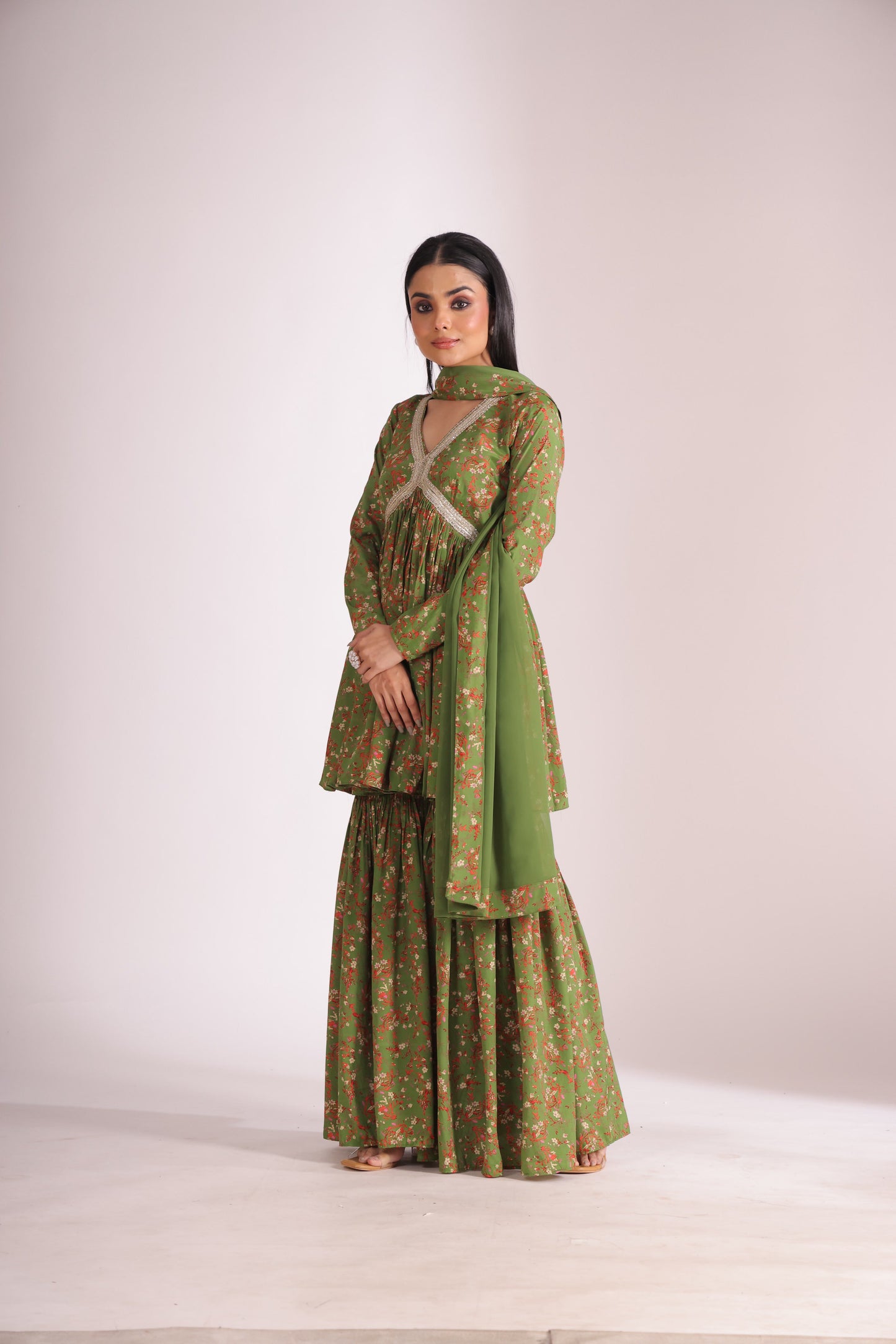 Gulzar Green printed Peplum with Gharara and dupatta- set of 3