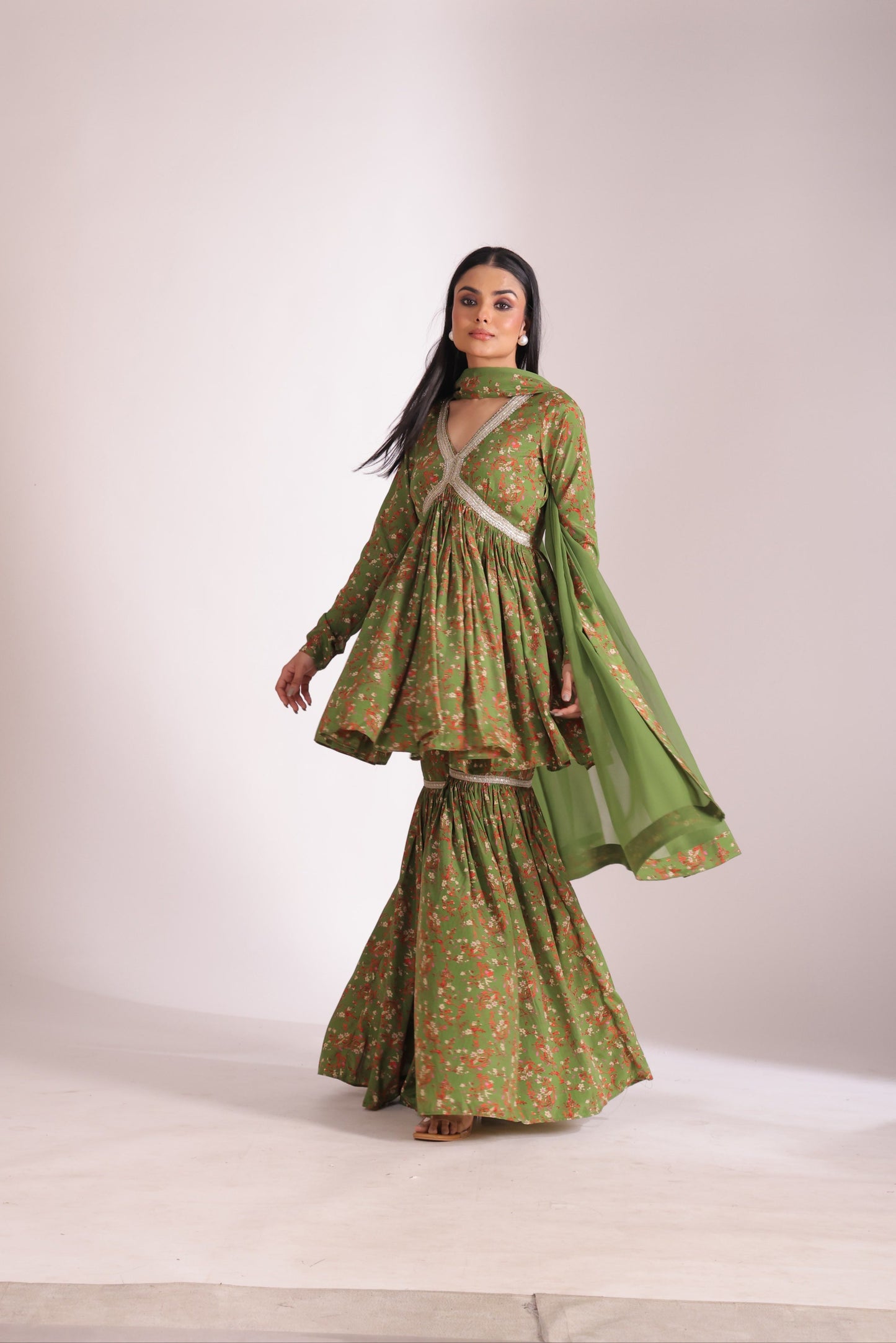 Gulzar Green printed Peplum with Gharara and dupatta- set of 3