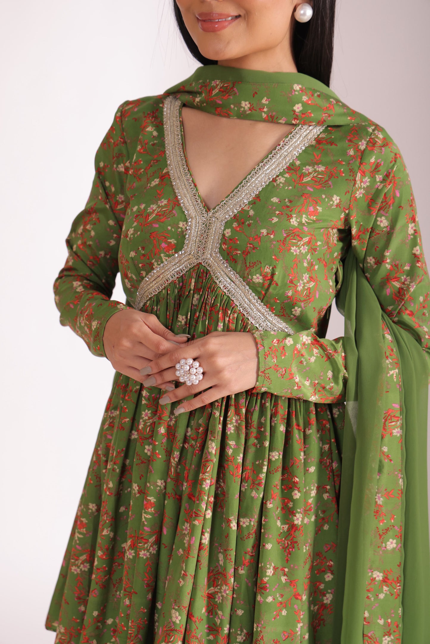 Gulzar Green printed Peplum with Gharara and dupatta- set of 3