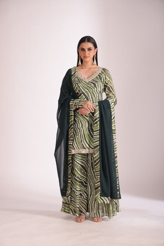 Gulzar Green printed Kurta with Sharara and dupatta- set of 3