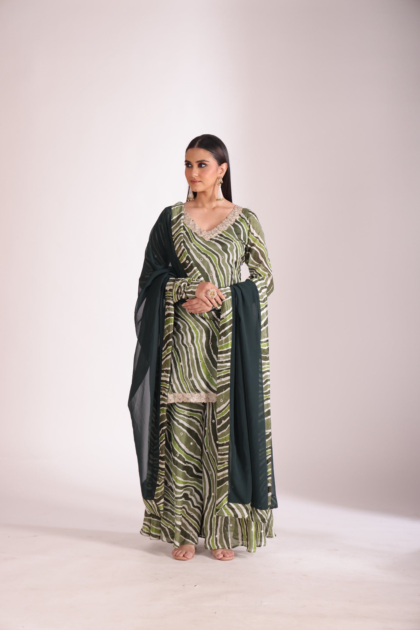 Gulzar Green printed Kurta with Sharara and dupatta- set of 3