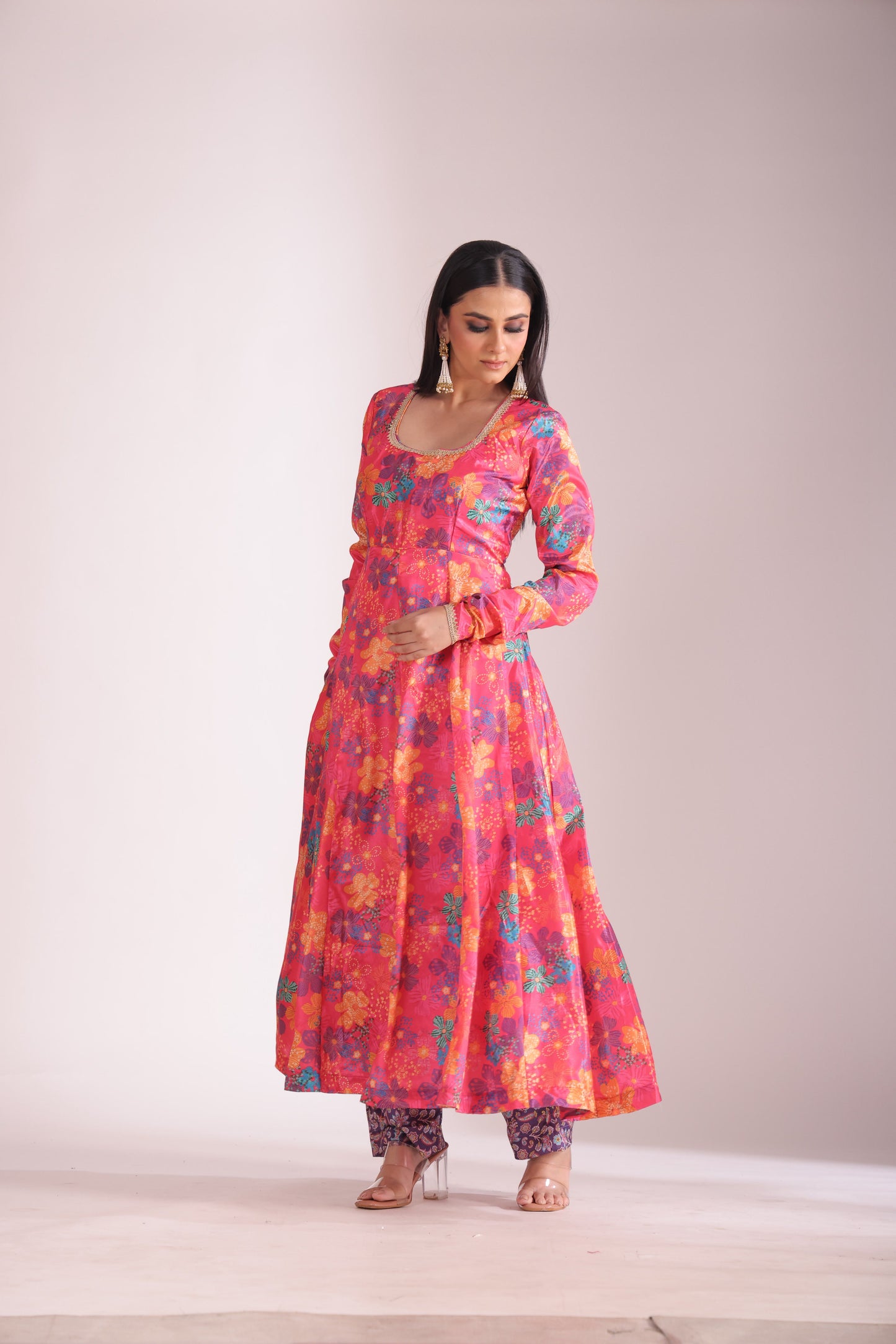 Gulzar Pink Floral printed Anarkali with pant and dupatta- set of 3