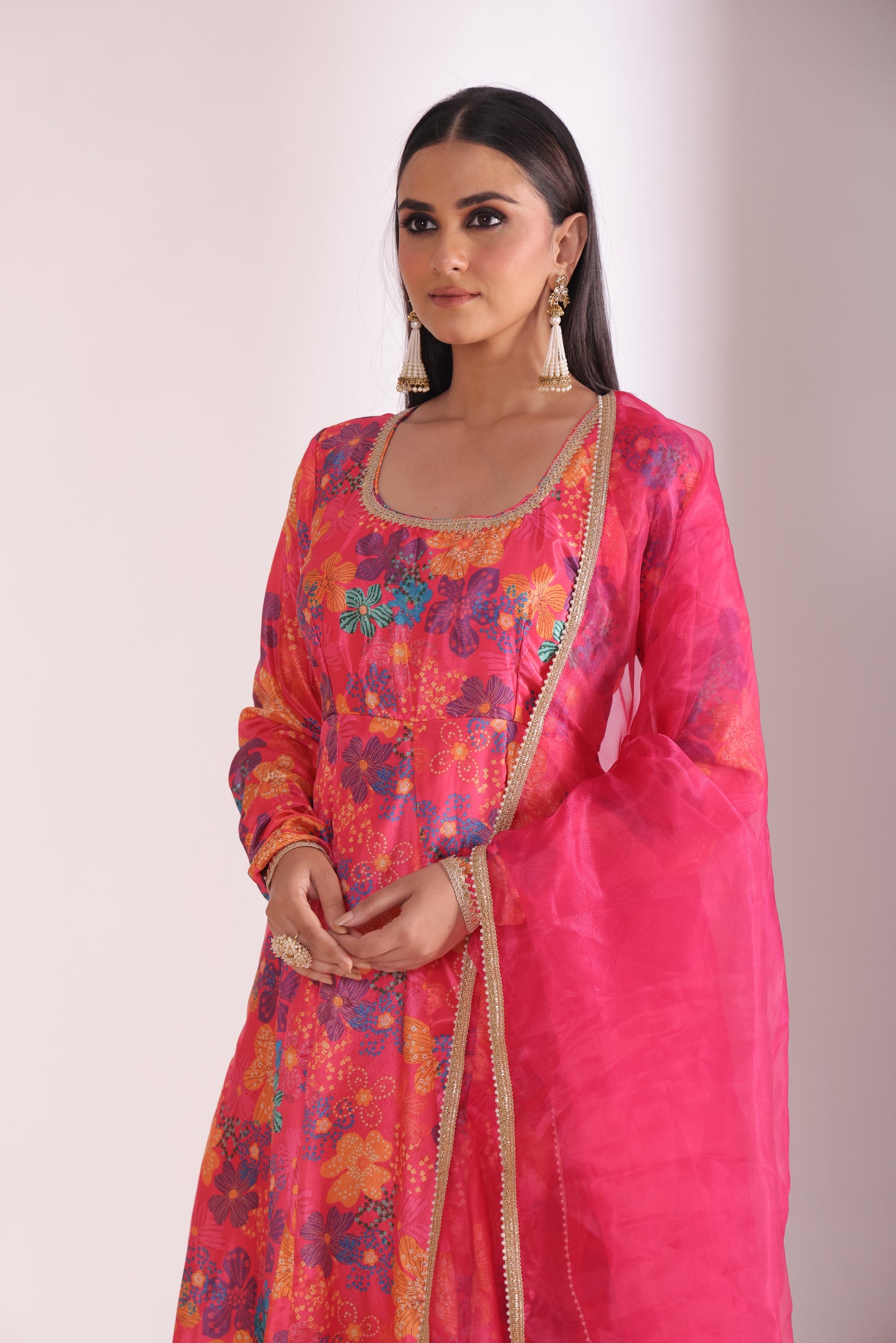 Gulzar Pink Floral printed Anarkali with pant and dupatta- set of 3