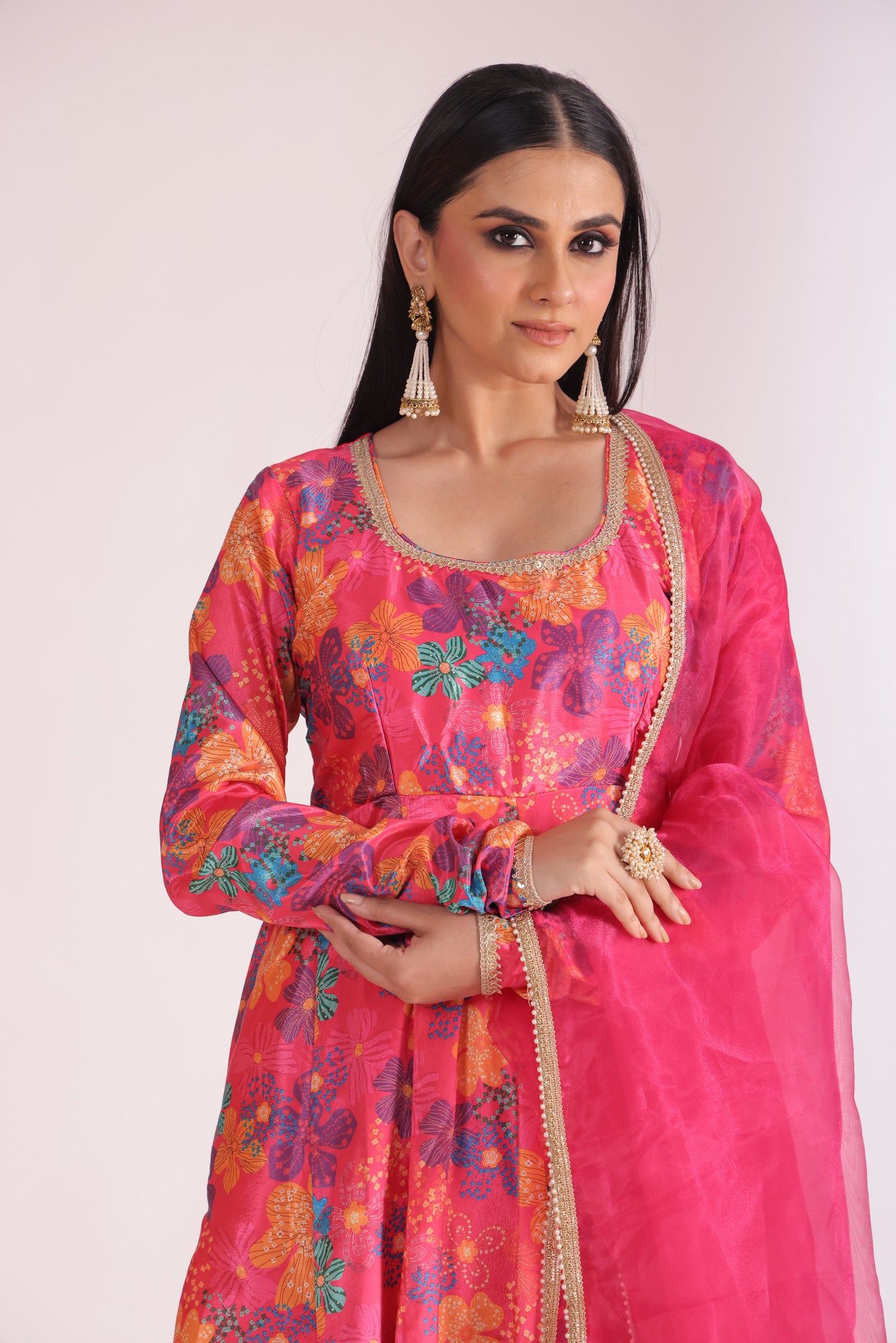 Gulzar Pink Floral printed Anarkali with pant and dupatta- set of 3