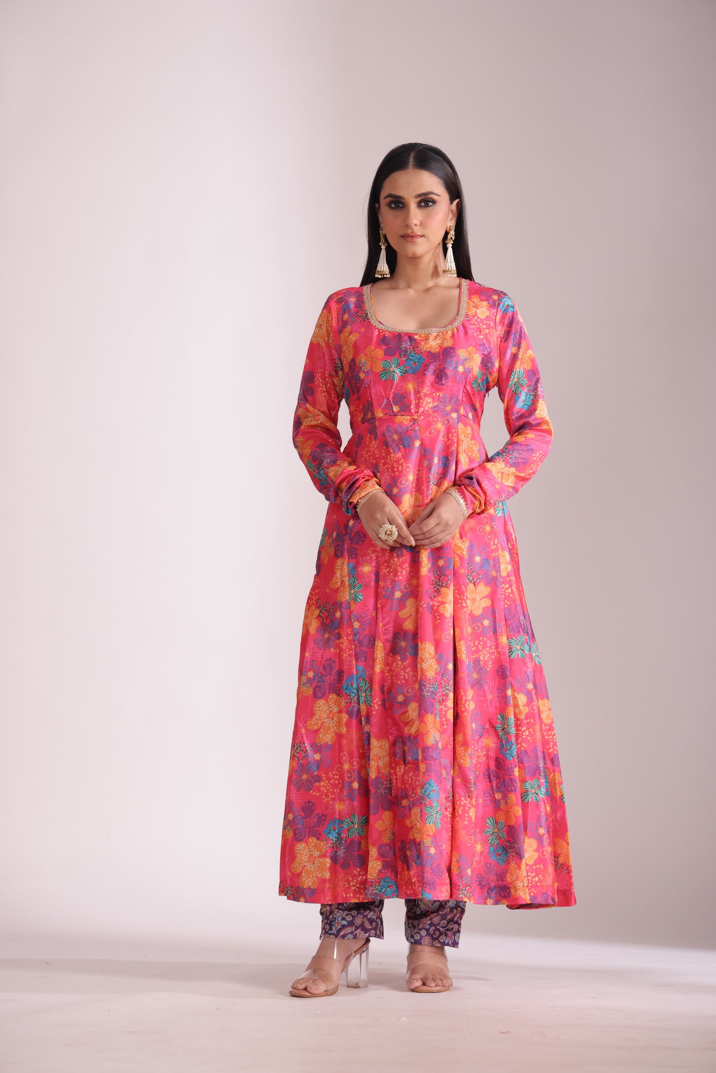 Gulzar Pink Floral printed Anarkali with pant and dupatta- set of 3